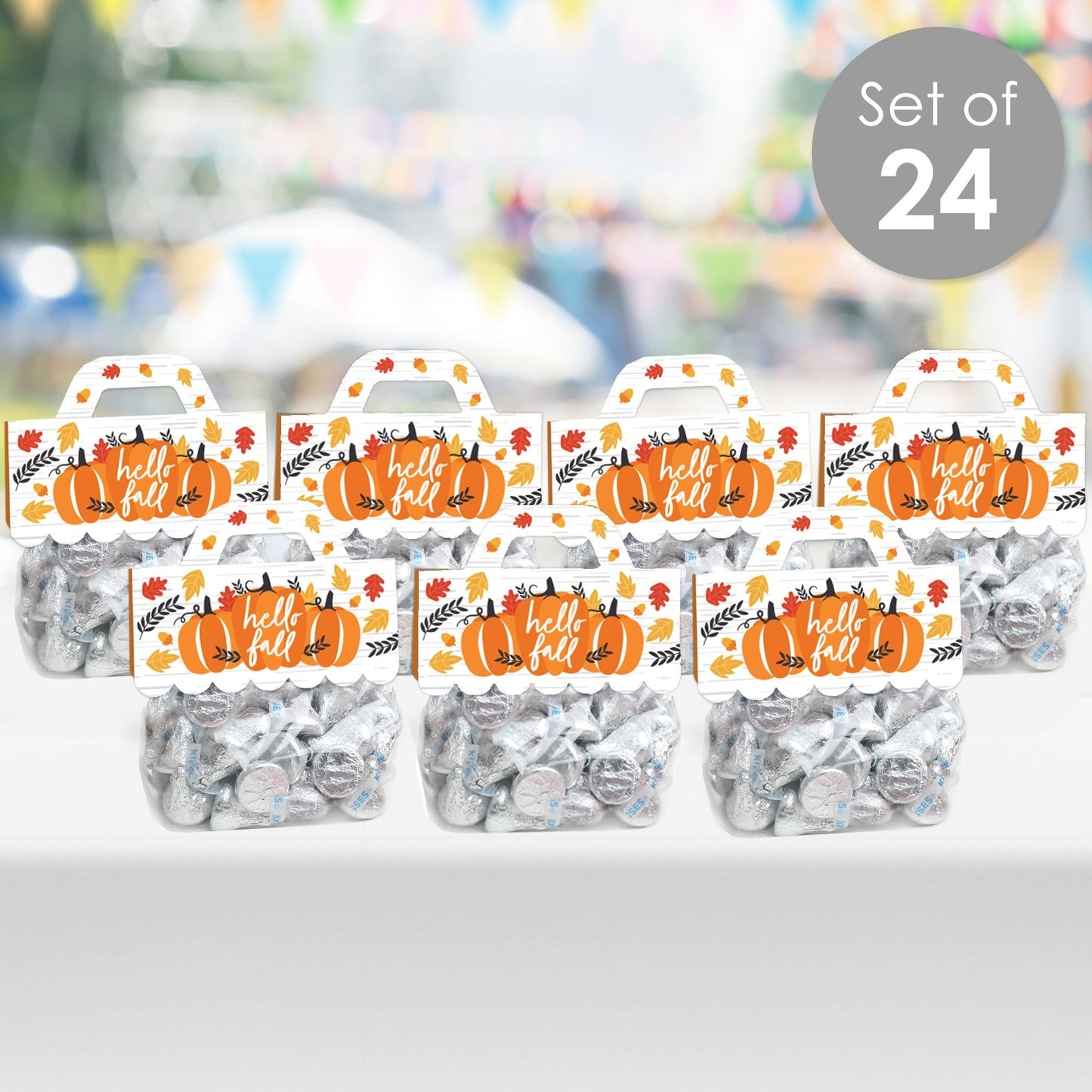 Fall Pumpkin - DIY Halloween or Thanksgiving Party Clear Goodie Favor Bag Labels - Candy Bags with Toppers - Set of 24