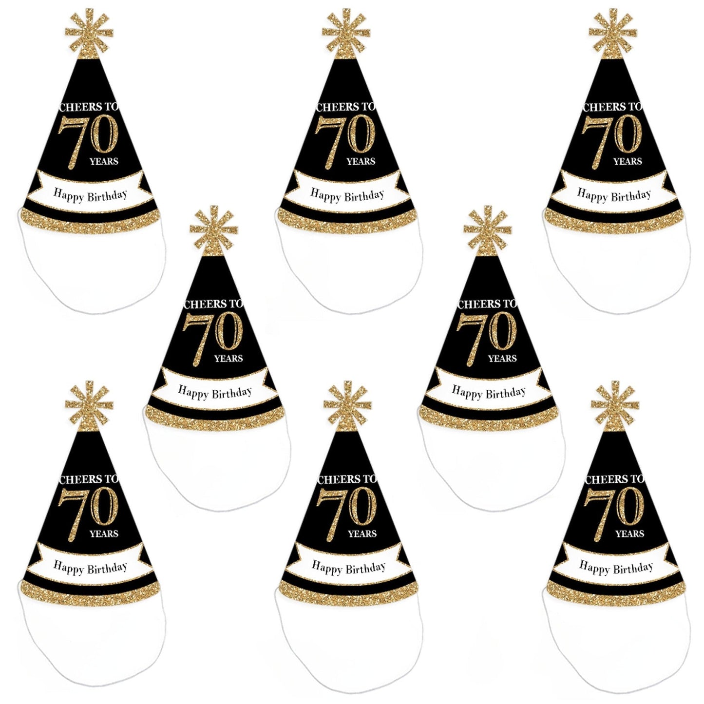 Adult 70th Birthday - Gold - Cone Birthday Party Hats for Adults - Set of 8 (Standard Size)