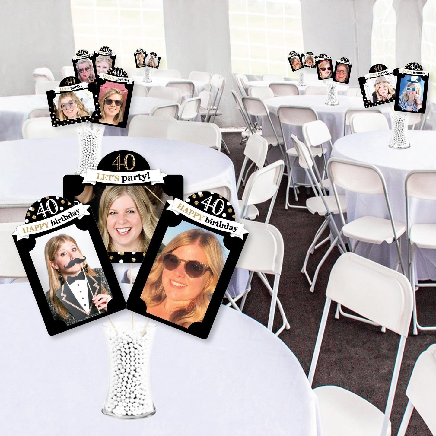 Adult 40th Birthday - Gold - Birthday Party Picture Centerpiece Sticks - Photo Table Toppers - 15 Pieces