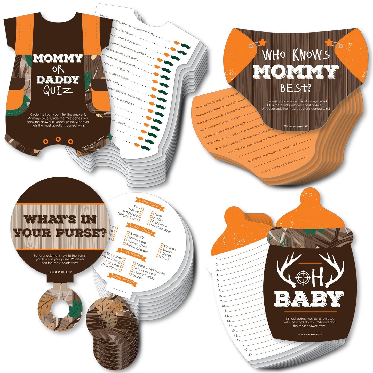 Gone Hunting - 4 Deer Hunting Camo Baby Shower Games - 10 Cards Each - Gamerific Bundle