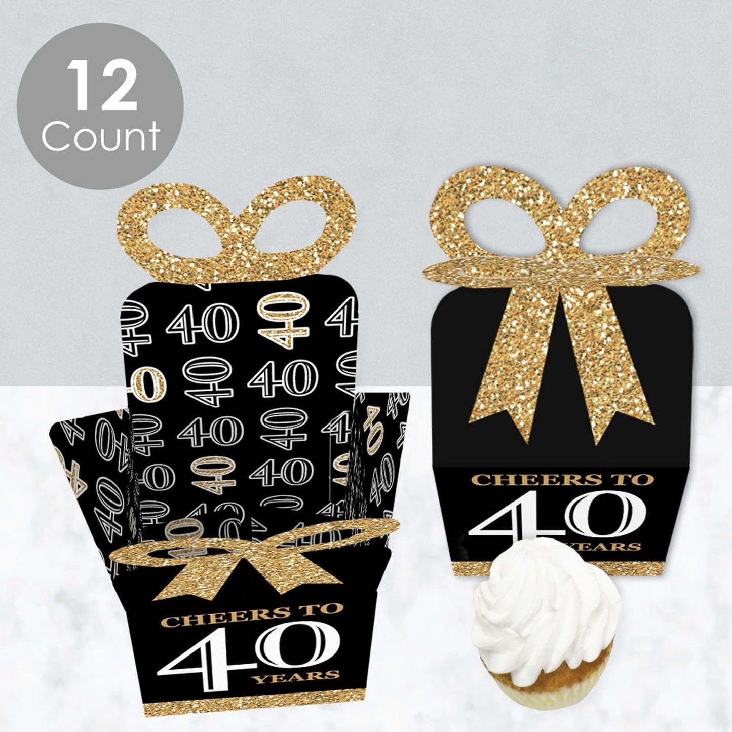 Adult 40th Birthday - Gold - Square Favor Gift Boxes - Birthday Party Bow Boxes - Set of 12