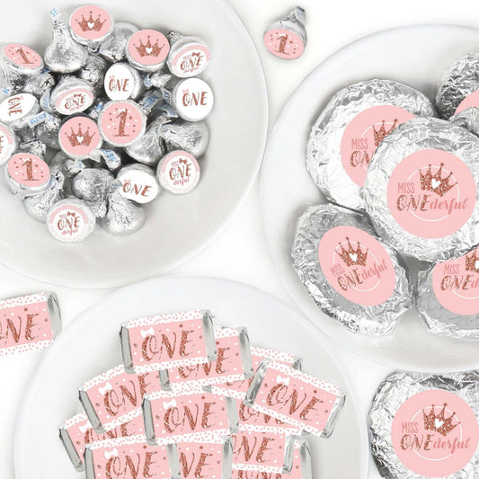 1st Birthday Little Miss Onederful - Mini Candy Bar Wrappers, Round Candy Stickers and Circle Stickers - Girl First Birthday Party Candy Favor Sticker Kit - 304 Pieces