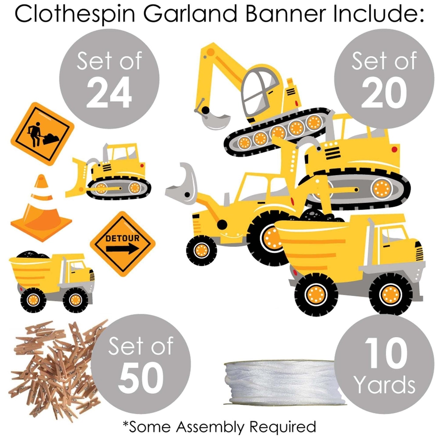 Dig It - Construction Party Zone - Baby Shower or Birthday Party DIY Decorations - Clothespin Garland Banner - 44 Pieces