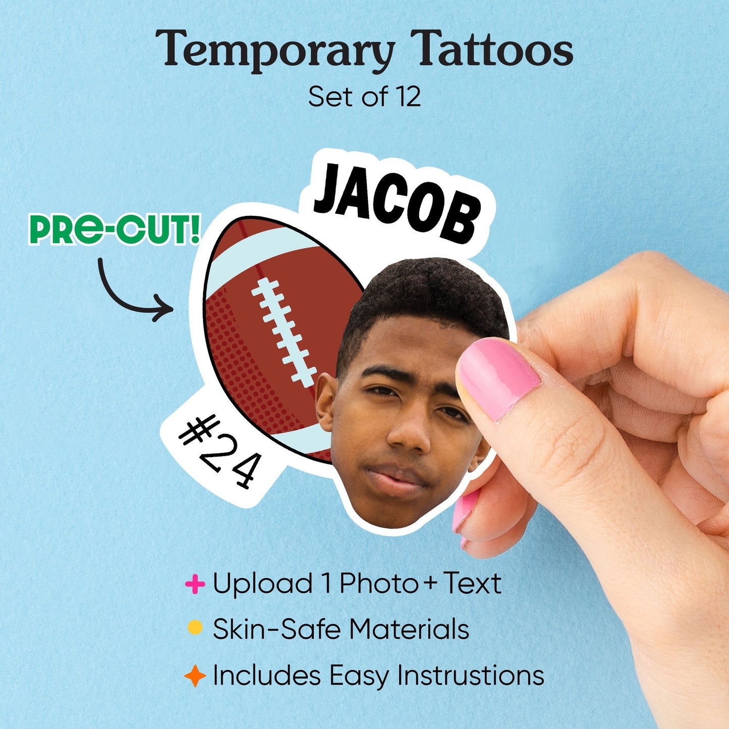 Custom Photo Football Temporary Tattoos - 12 Ct