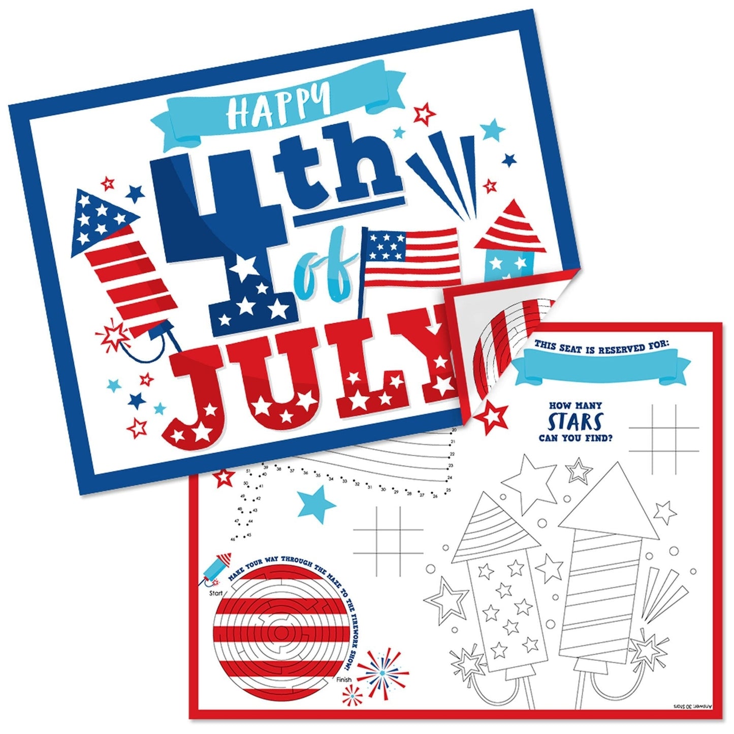 Firecracker 4th of July - Paper Red, White and Royal Blue Party Coloring Sheets - Activity Placemats - Set of 16