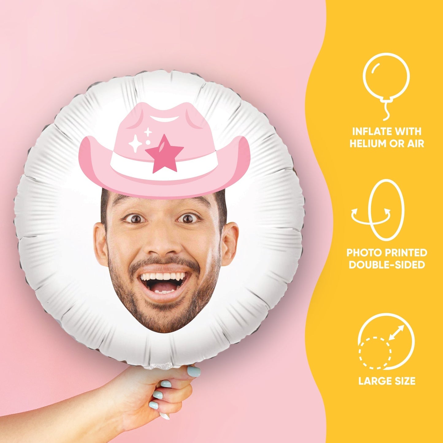 Personalized Fun Face Pink Cowboy Hat Balloon - Double Sided - 1 Ct
