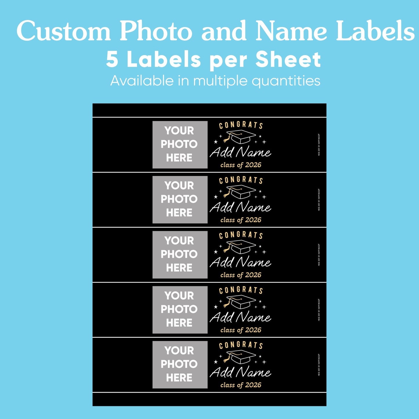 Custom Photo Black & Gold Graduation Water Bottle Labels