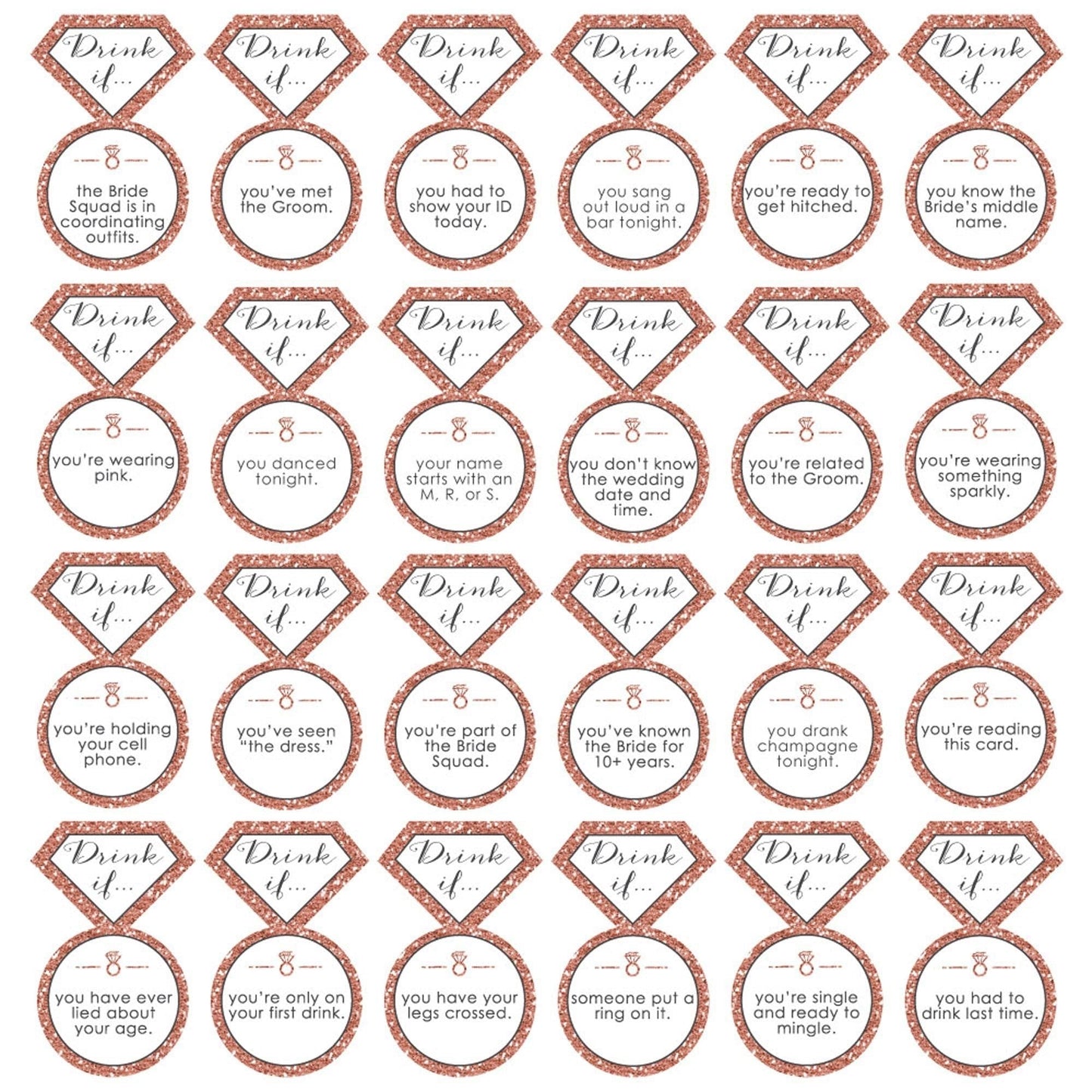 Drink If Game - Bride Squad - Rose Gold Bridal Shower or Bachelorette Party Game - 24 Count