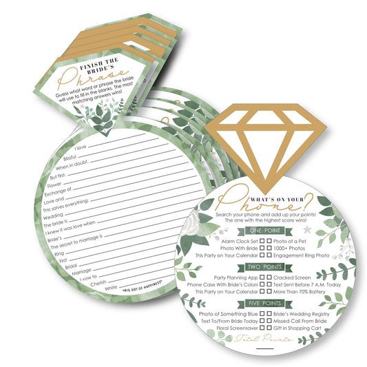 Boho Botanical Bride - 2-in-1 Greenery Bridal Shower and Wedding Party Cards - Activity Duo Games - Set of 20