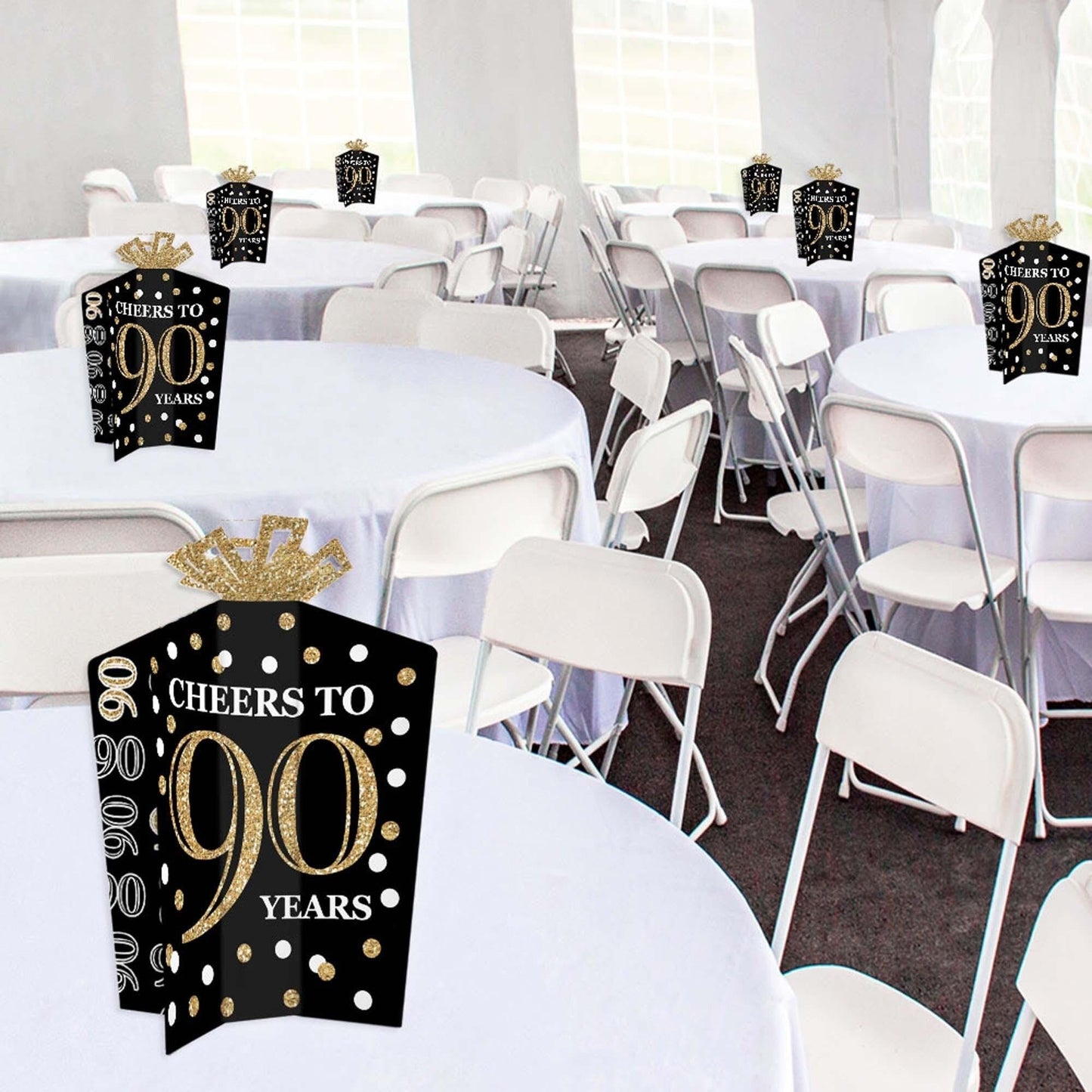 Adult 90th Birthday - Gold - Table Decorations - Birthday Party Fold and Flare Centerpieces - 10 Count