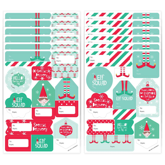 Elf Squad - Assorted Kids Elf Christmas and Birthday Party Gift Tag Labels - To and From Stickers - 12 Sheets - 120 Stickers