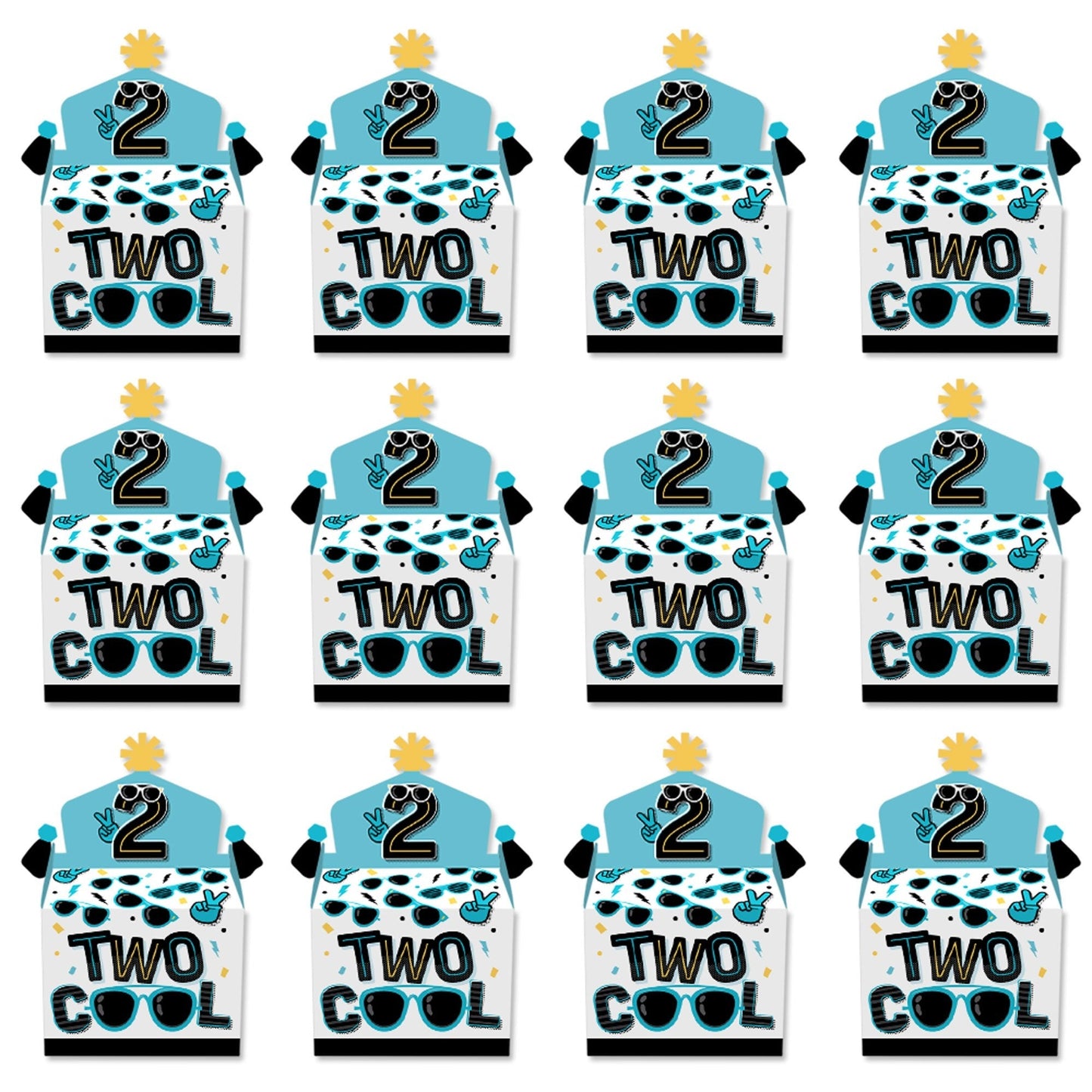 Two Cool - Boy - Treat Box Party Favors - Blue 2nd Birthday Party Goodie Gable Boxes - Set of 12