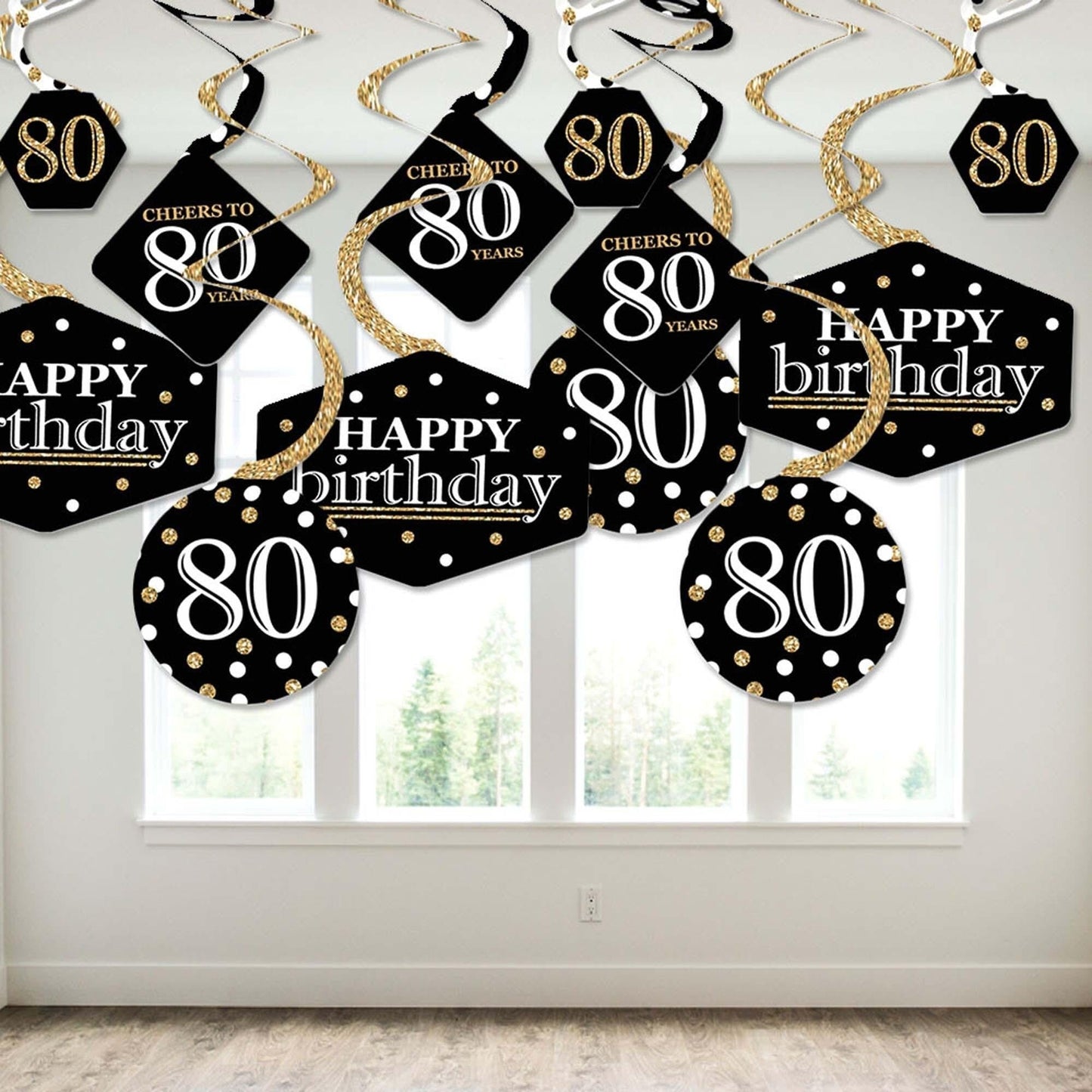 Adult 80th Birthday - Gold - Birthday Party Hanging Decor - Party Decoration Swirls - Set of 40