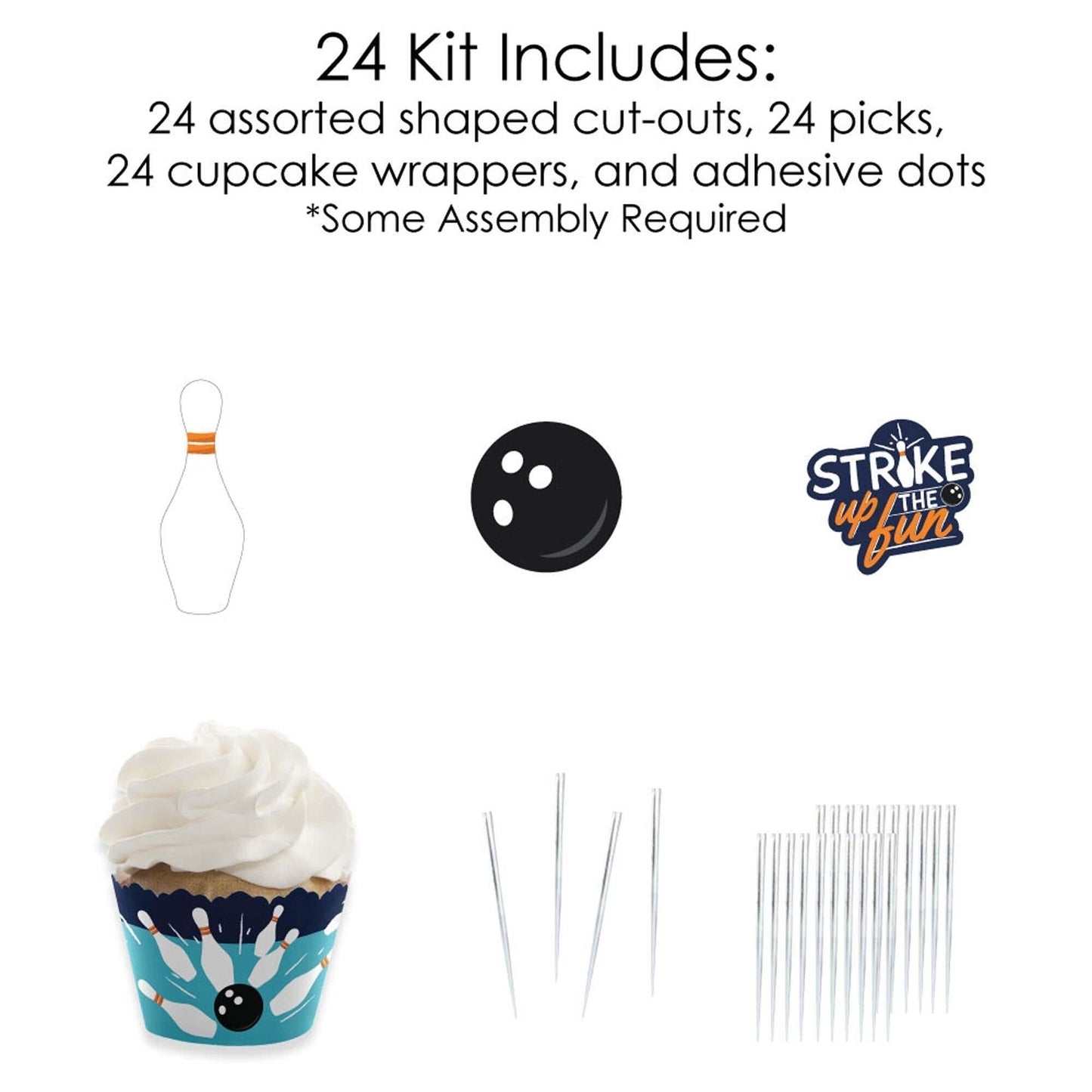 Strike Up the Fun - Bowling - Cupcake Decoration - Birthday Party or Baby Shower Cupcake Wrappers and Treat Picks Kit - Set of 24