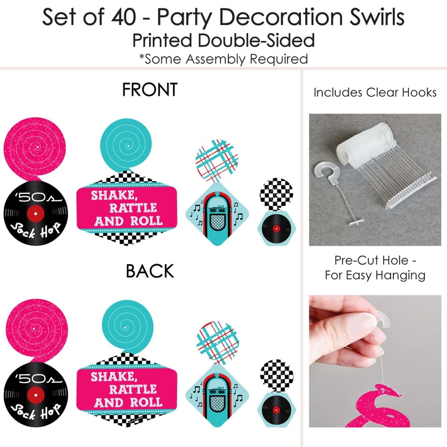 50's Sock Hop - 1950s Rock N Roll Party Hanging Decor - Party Decoration Swirls - Set of 40