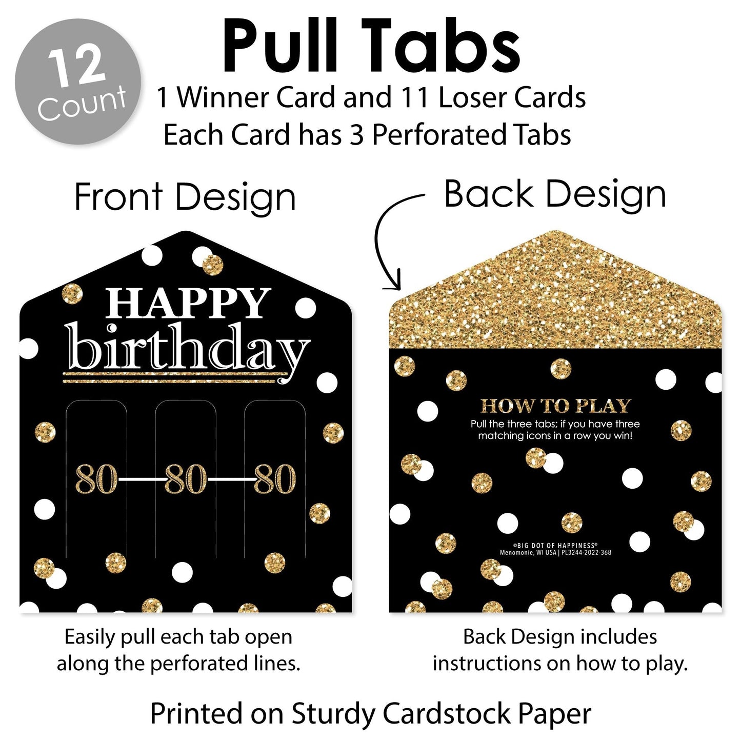 Adult 80th Birthday - Gold - Birthday Party Game Pickle Cards - Pull Tabs 3-in-a-Row - Set of 12