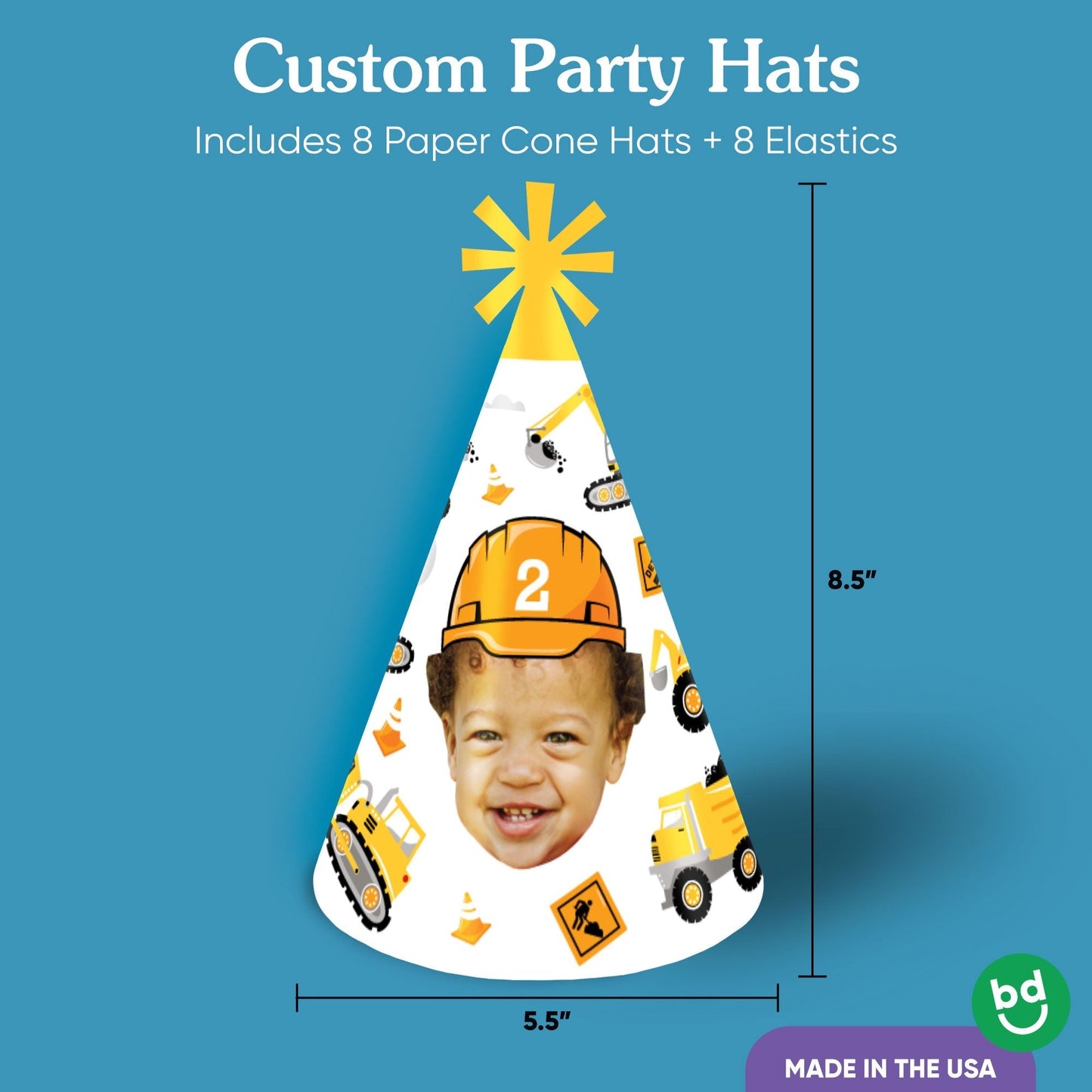 Custom Construction Birthday Cone Hat - 8 Ct