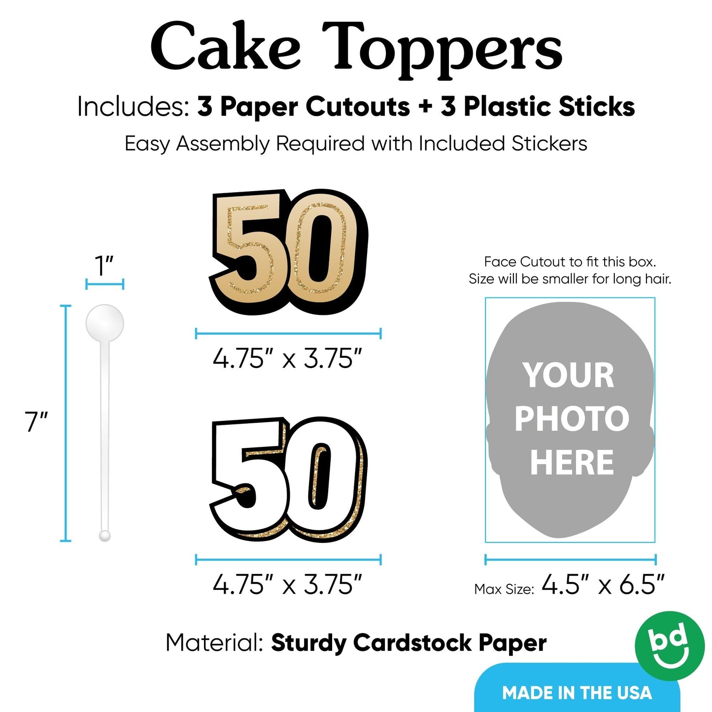 Custom Photo 50th Birthday Cake Topper - 3 Pc