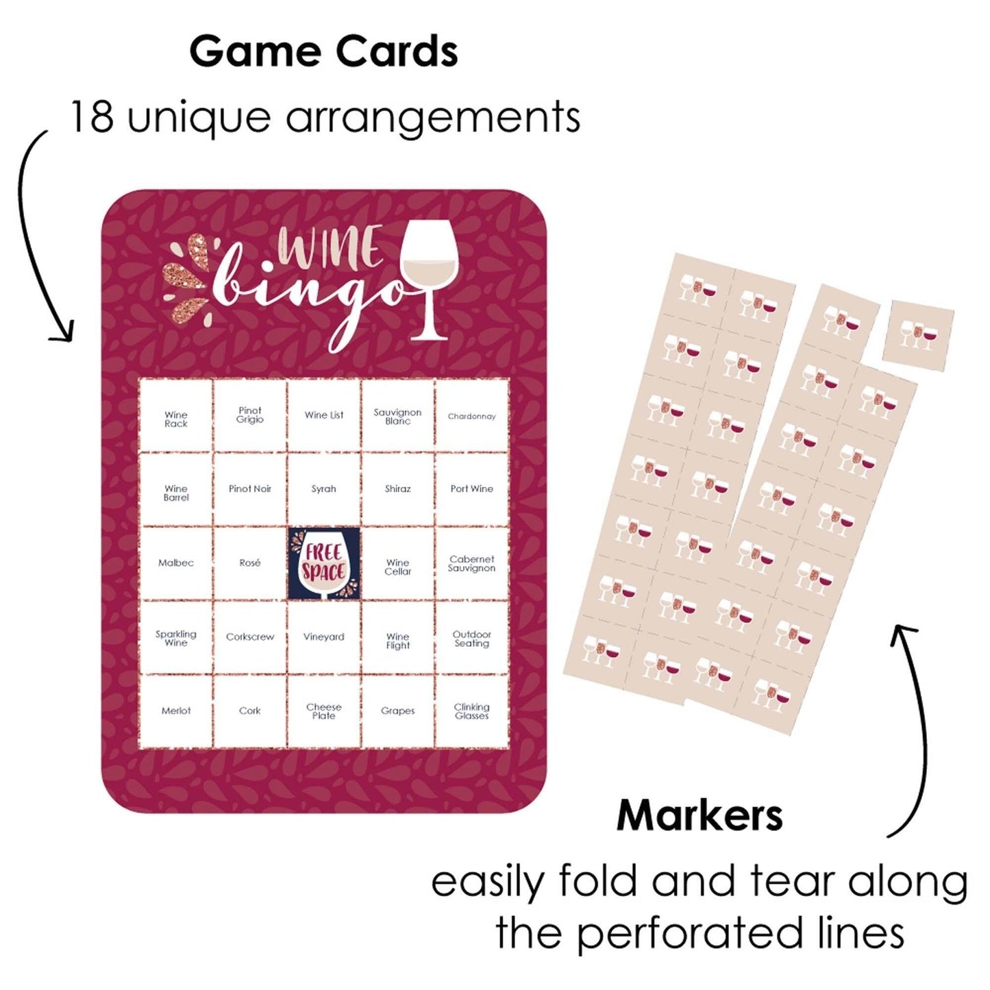 But First, Wine - Bingo Cards and Markers - Wine Tasting Party Shaped Bingo Game - Set of 18