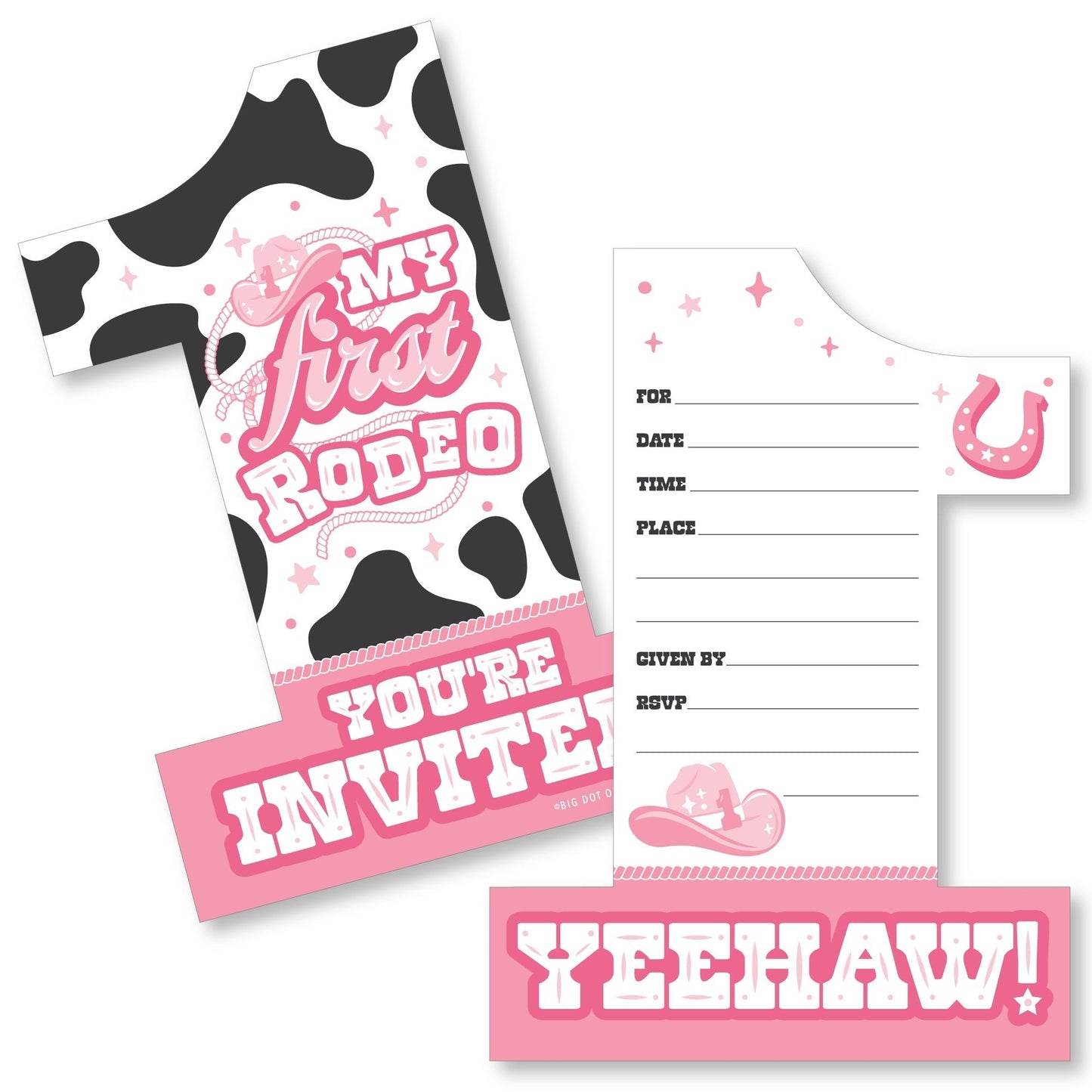 Pink First Rodeo - Shaped Fill-In Invitations - Cowgirl 1st Birthday Party Invitation Cards with Envelopes - Set of 12
