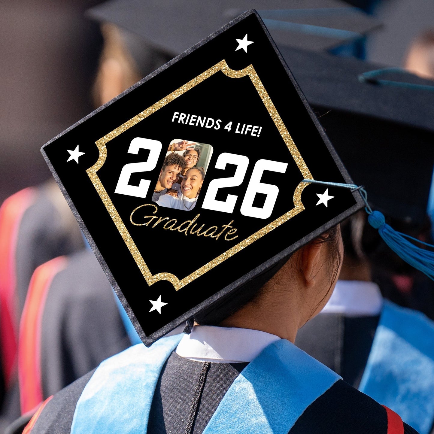 Custom Photo Black & Gold Grad Cap Cover