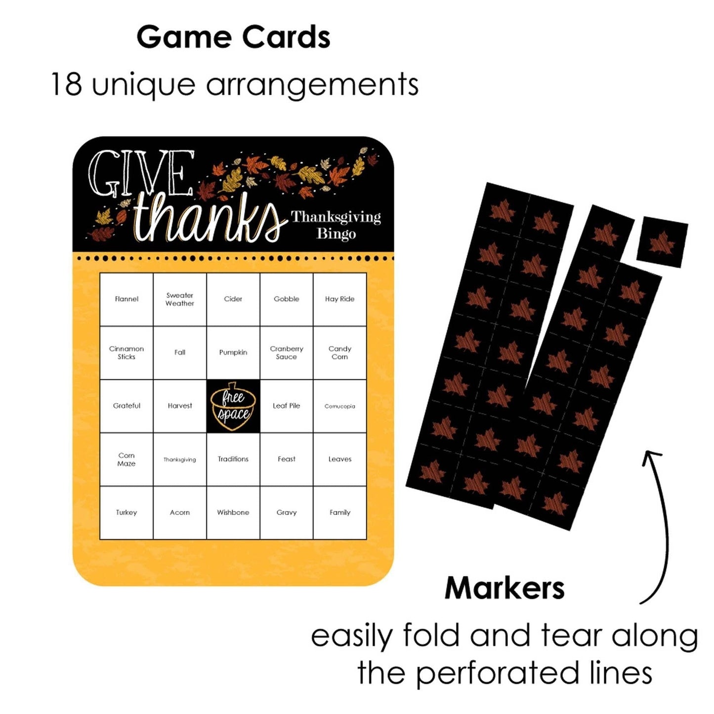 Give Thanks - Bingo Cards and Markers - Thanksgiving Party Bingo Game - Set of 18