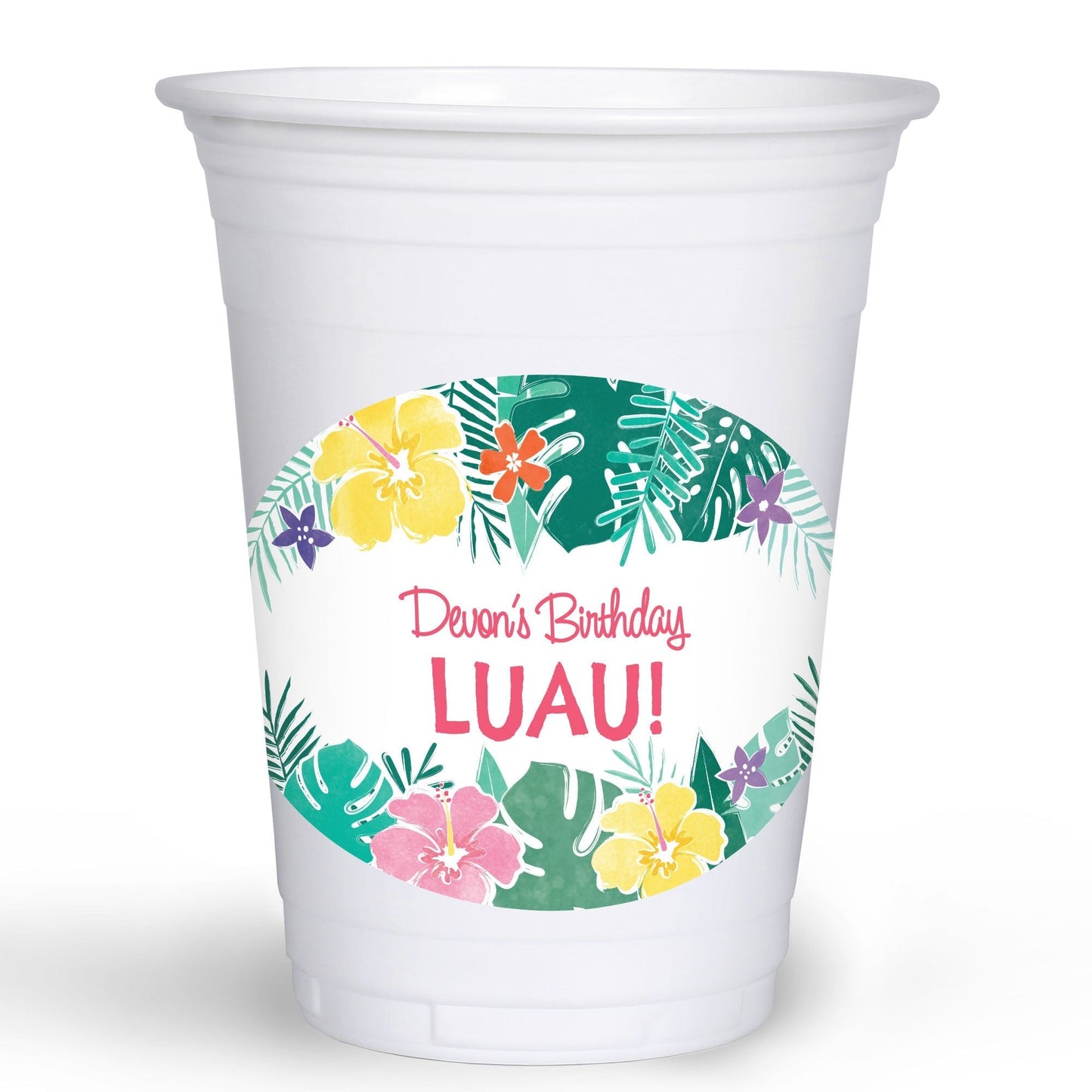Custom Text Party Cups - Hawaiian Luau - 16 Ct