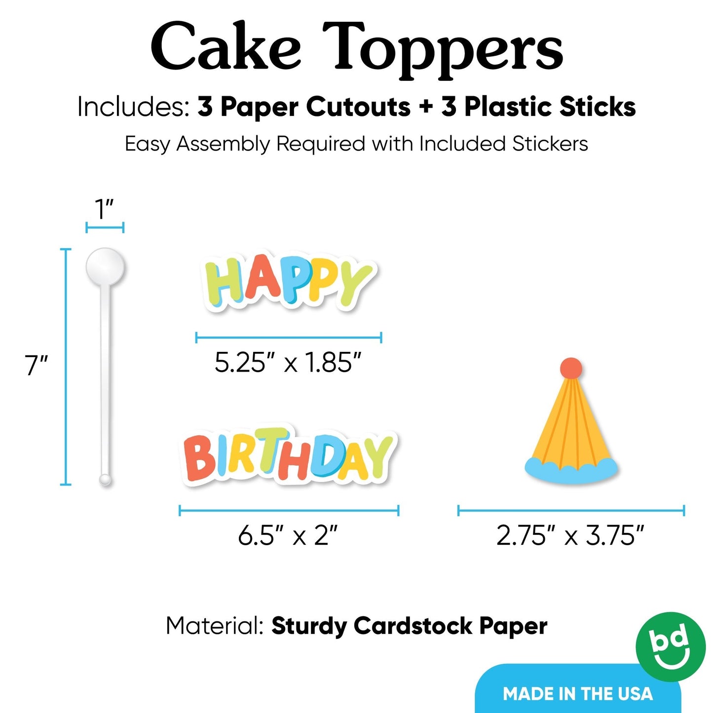Party Time Colorful Happy Birthday Cake Topper - 3 Pc