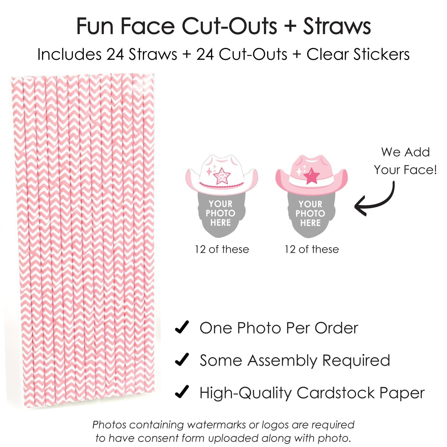 Custom Photo Last Rodeo - Pink Cowgirl Bachelorette Party Fun Face Paper Straw Decor - Set of 24