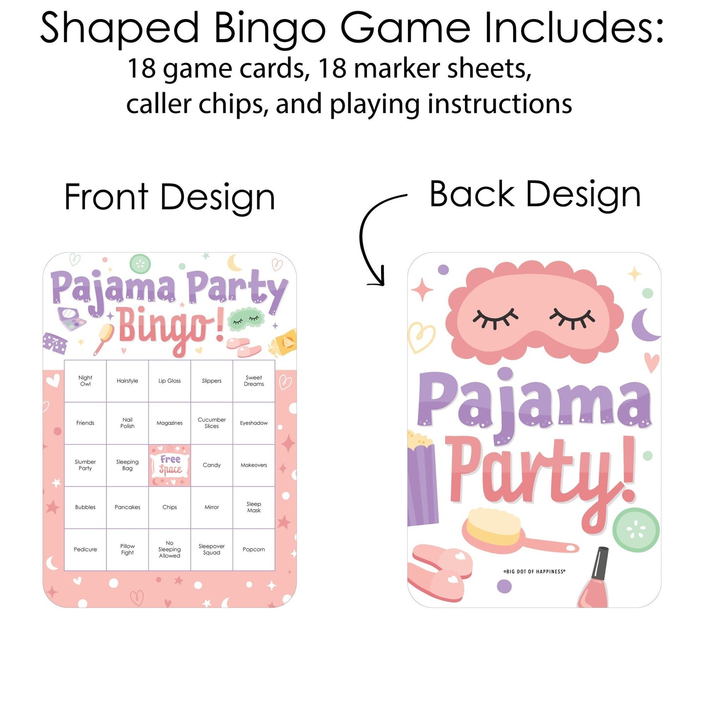 Pajama Slumber Party - Bingo Cards and Markers - Girls Sleepover Birthday Party Bingo Game - Set of 18