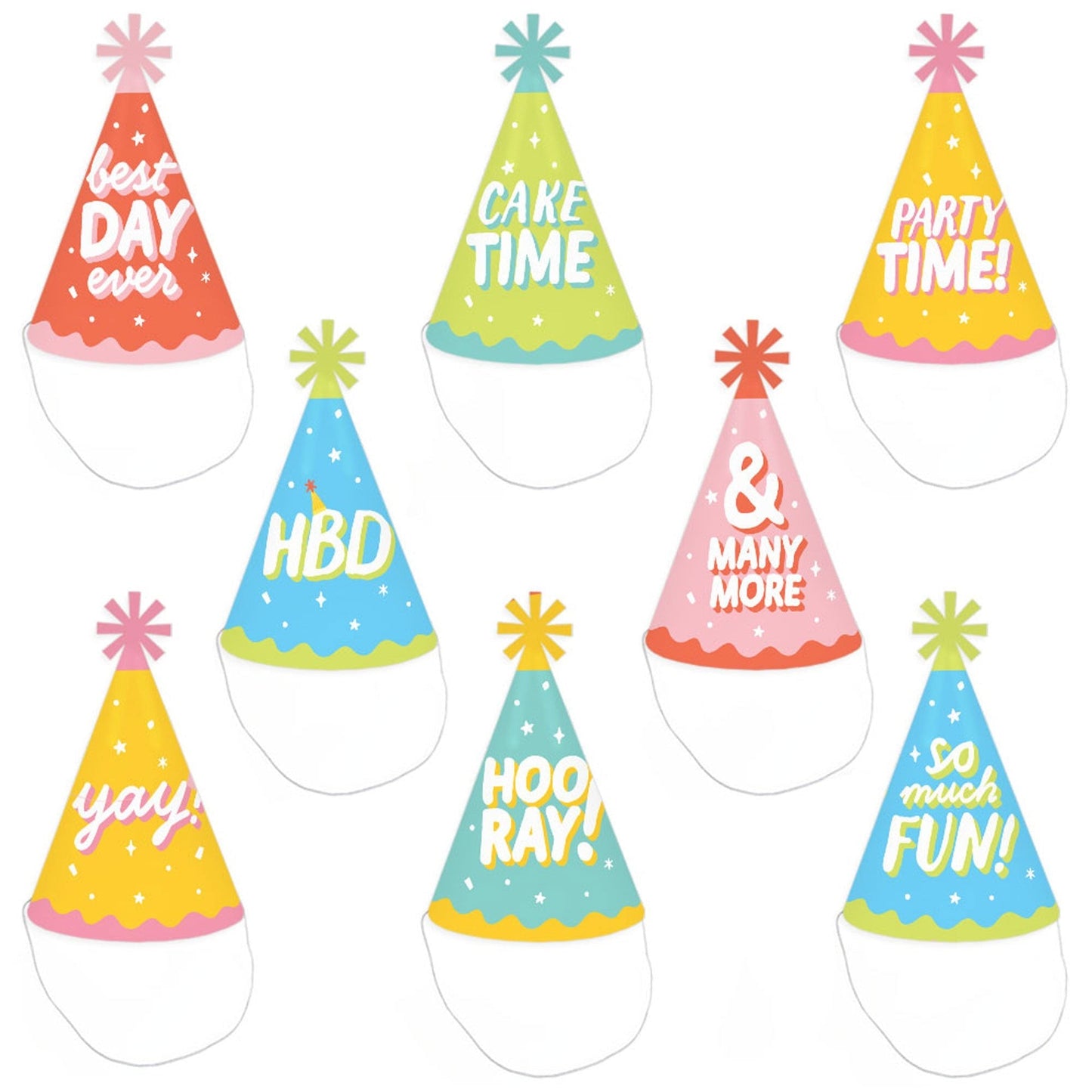 Party Time - Cone Happy Birthday Party Hats for Kids and Adults - Set of 8 (Standard Size)