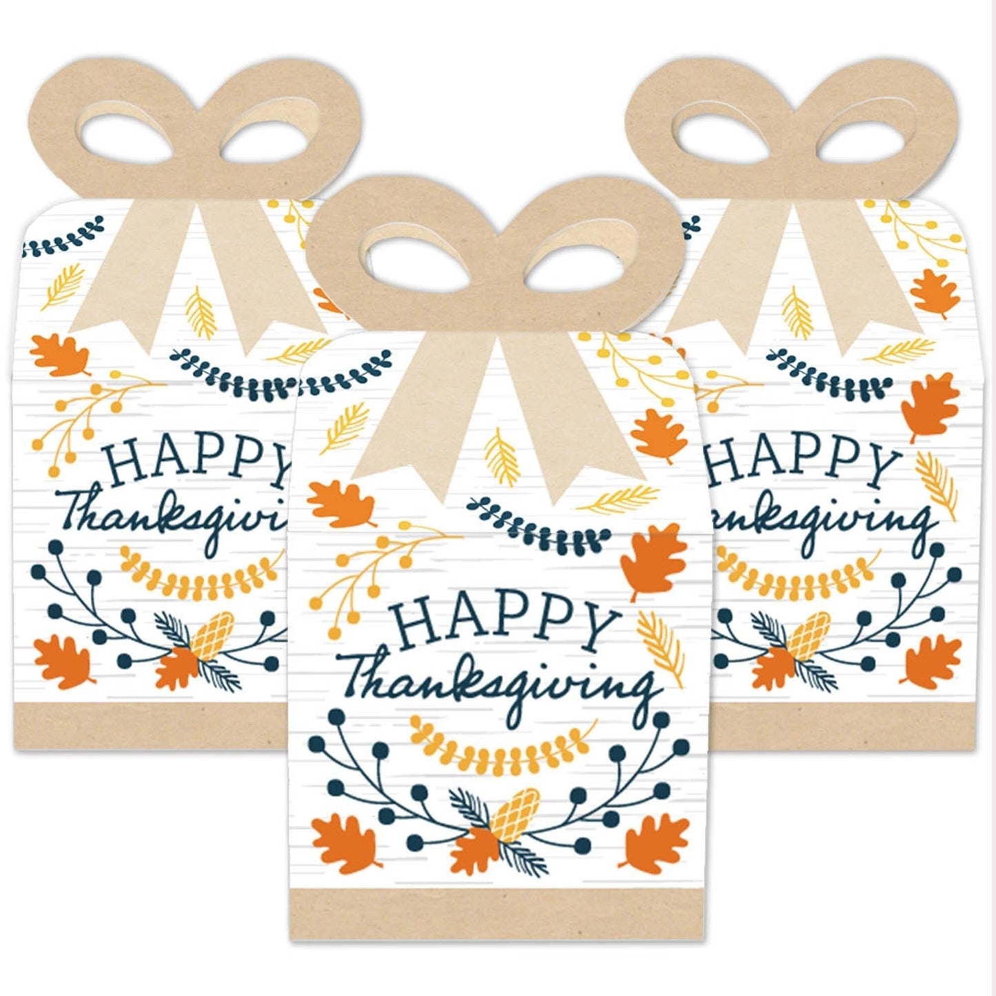 Happy Thanksgiving - Square Favor Gift Boxes - Fall Harvest Party Bow Boxes - Set of 12