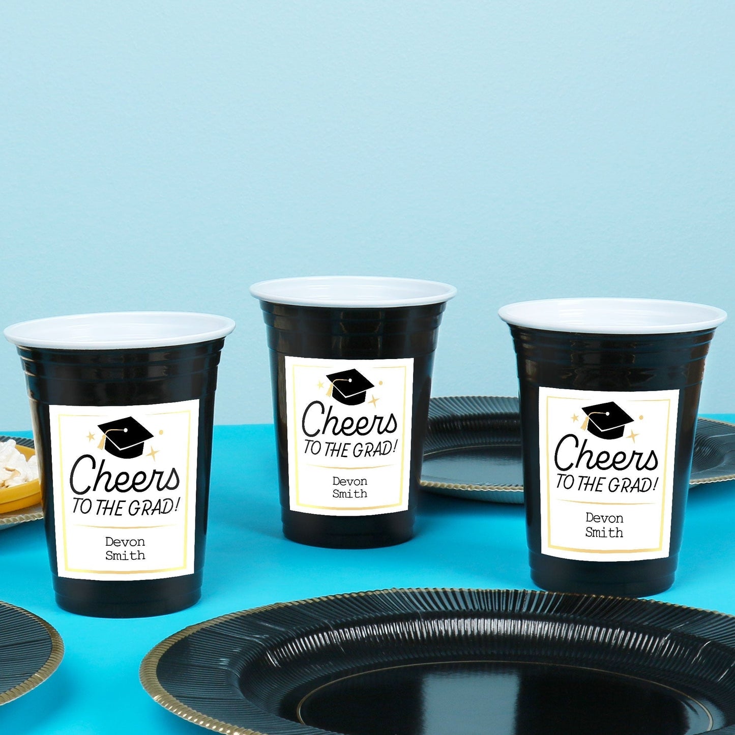 Custom Text Party Cups - Black and Gold Graduation - 16 Ct