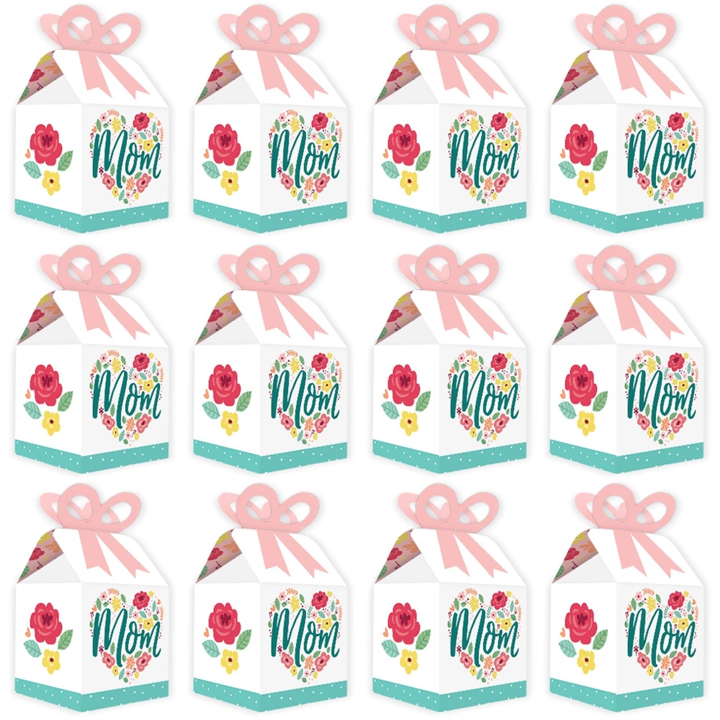 Colorful Floral Happy Mother's Day - Square Favor Gift Boxes - We Love Mom Party Bow Boxes - Set of 12