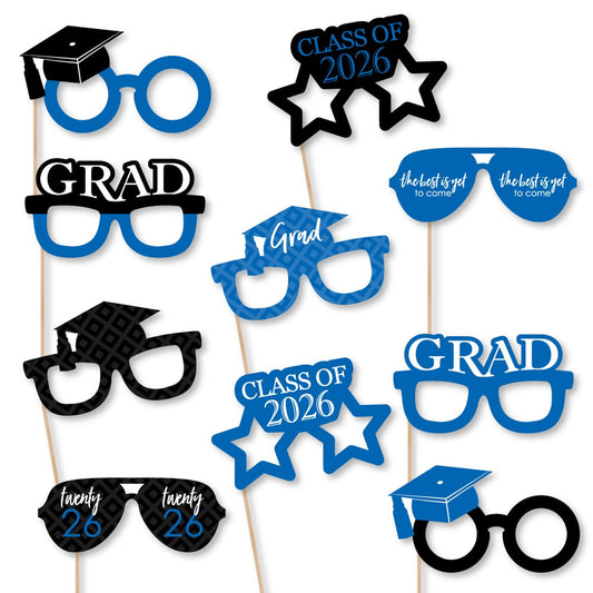 Blue Grad Glasses - Best is Yet to Come - Blue 2026 Paper Card Stock Graduation Party Photo Booth Props Kit - 10 Count