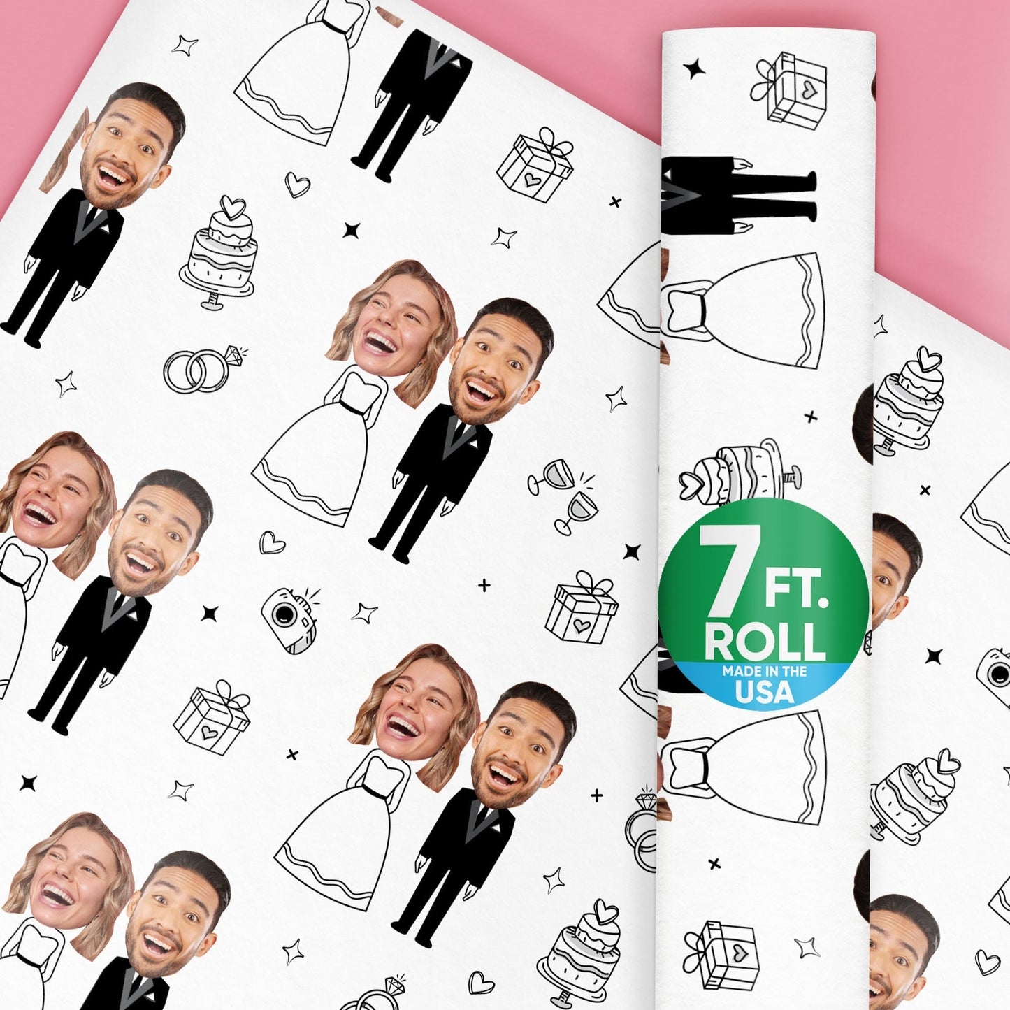Custom Face Wrapping Paper - Wedding Couple Doodle