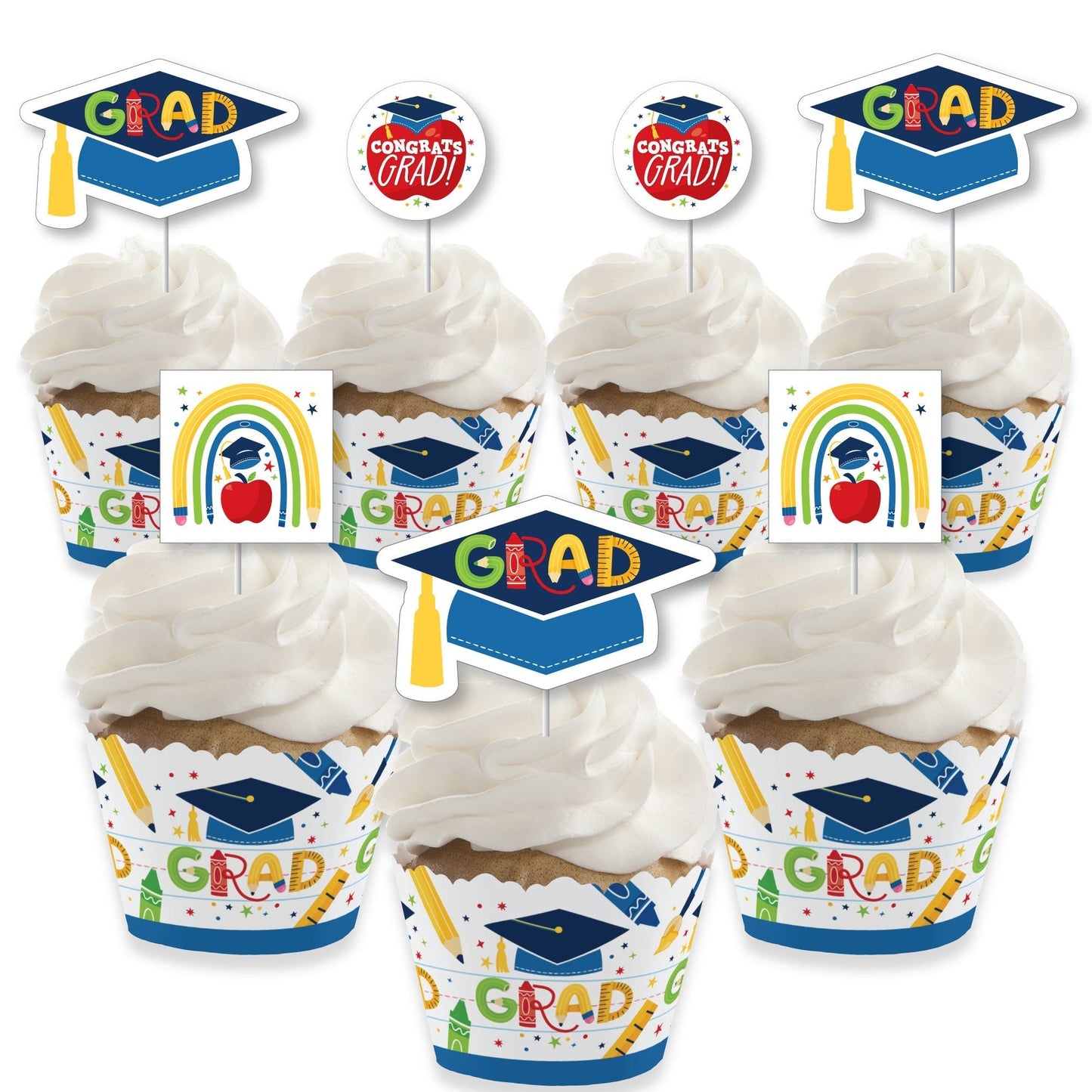 Kindergarten Grad - Cupcake Decoration - 4K Preschool Kids Graduation Party Cupcake Wrappers and Treat Picks Kit - Set of 24