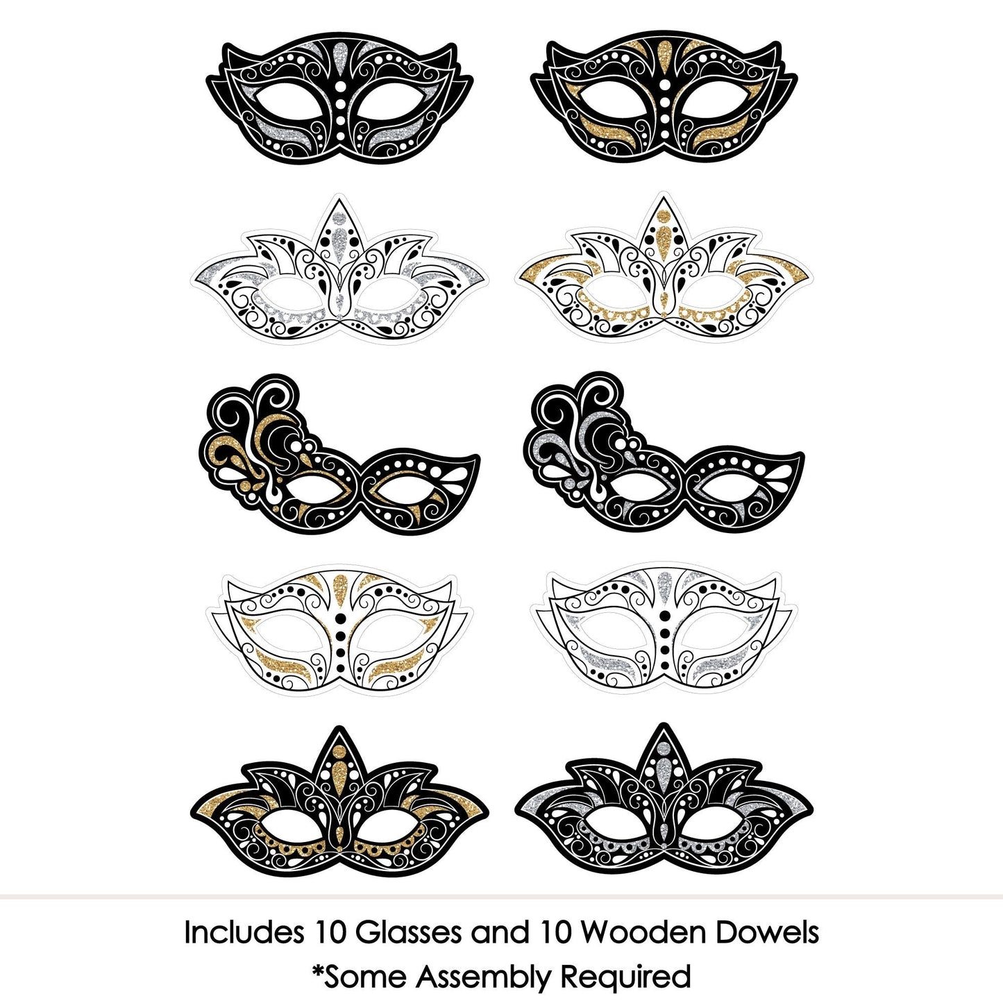 Masquerade Masks - Paper Card Stock Venetian Mask Party Photo Booth Props Kit - 10 Count