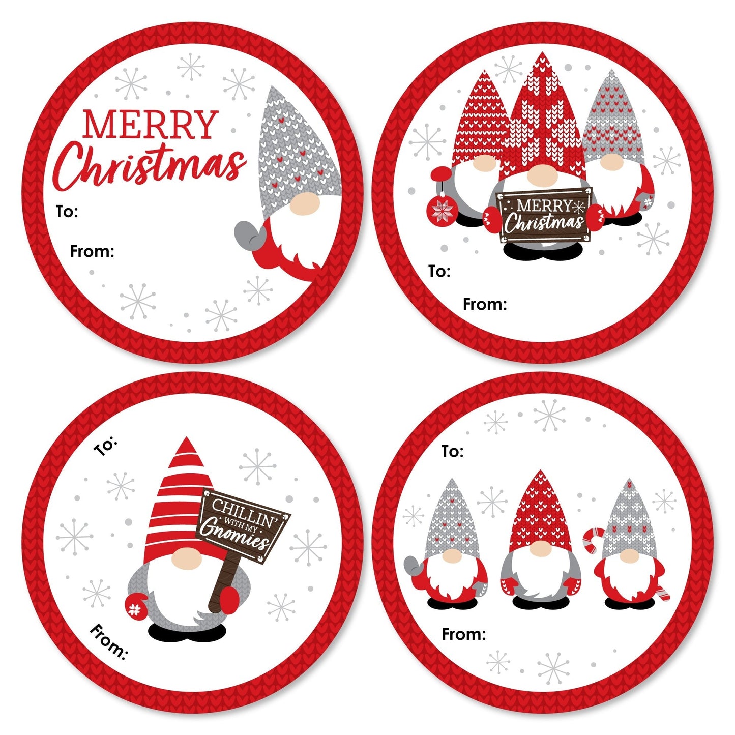 Christmas Gnomes - Round Holiday Party To and From Gift Tags - Large Stickers - Set of 8