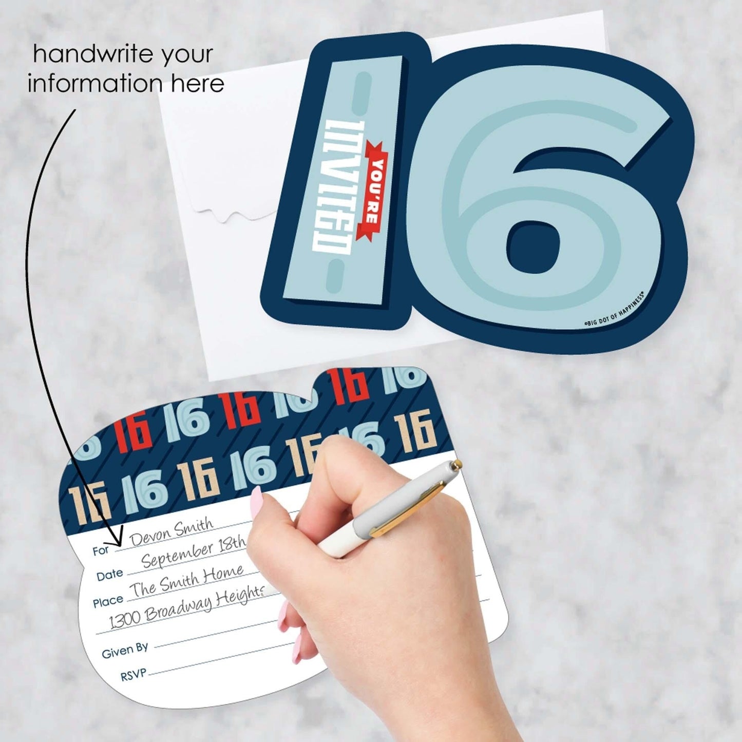 Boy 16th Birthday - Shaped Fill-In Invitations - Sweet Sixteen Birthday Party Invitation Cards with Envelopes - Set of 12