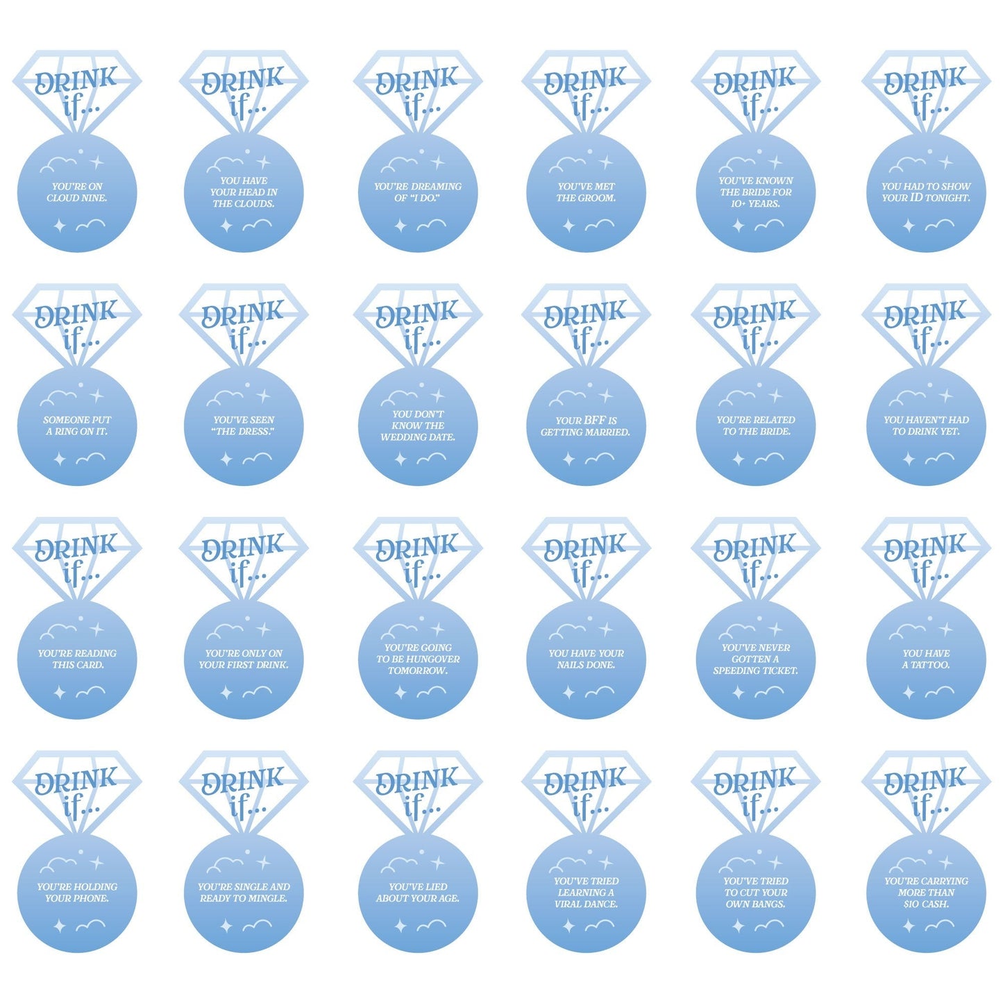 Drink If Game - On Cloud 9 - Bridal or Bachelorette Party Game - 24 Count