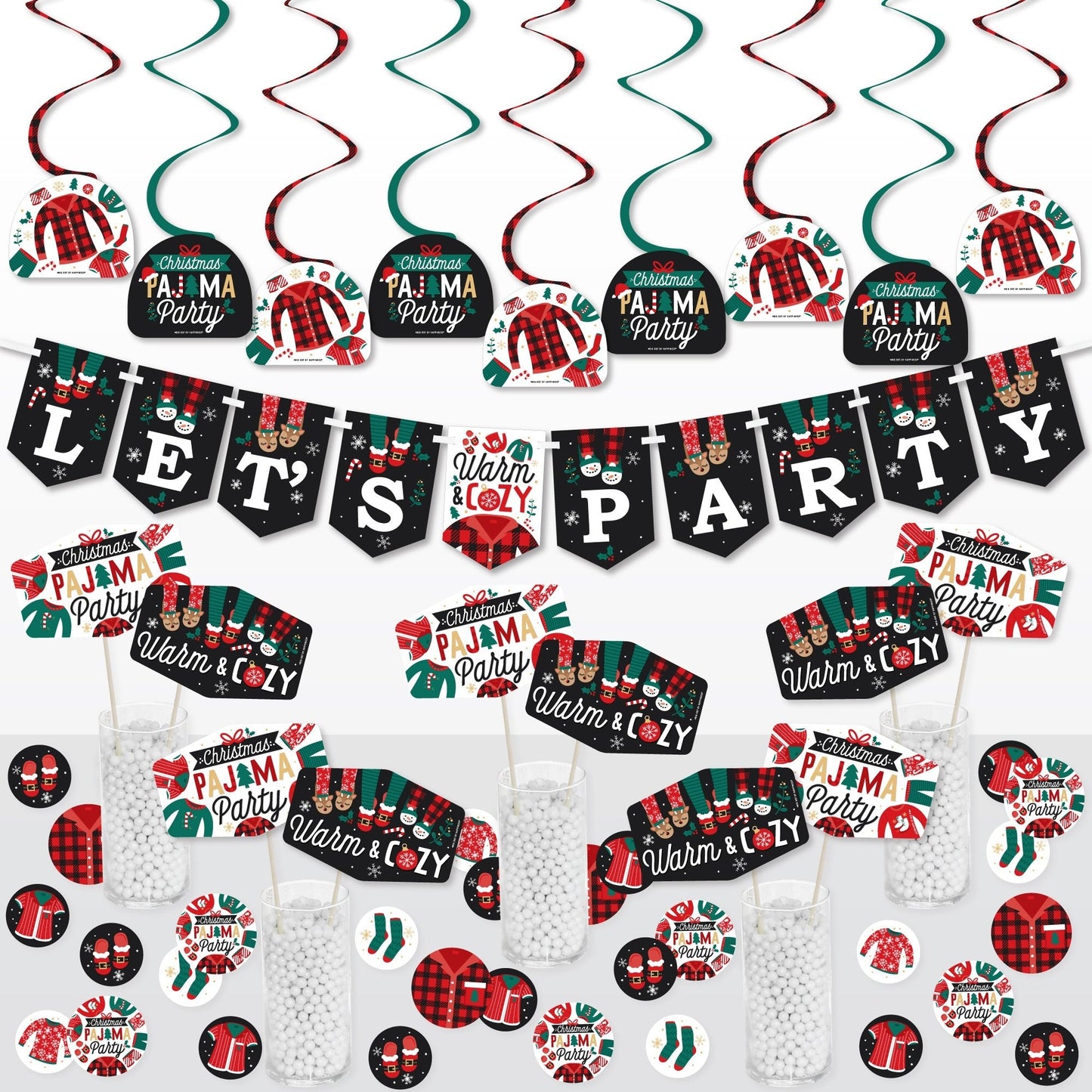 Christmas Pajamas - Holiday Plaid PJ Party Supplies Decoration Kit - Decor Galore Party Pack - 51 Pieces