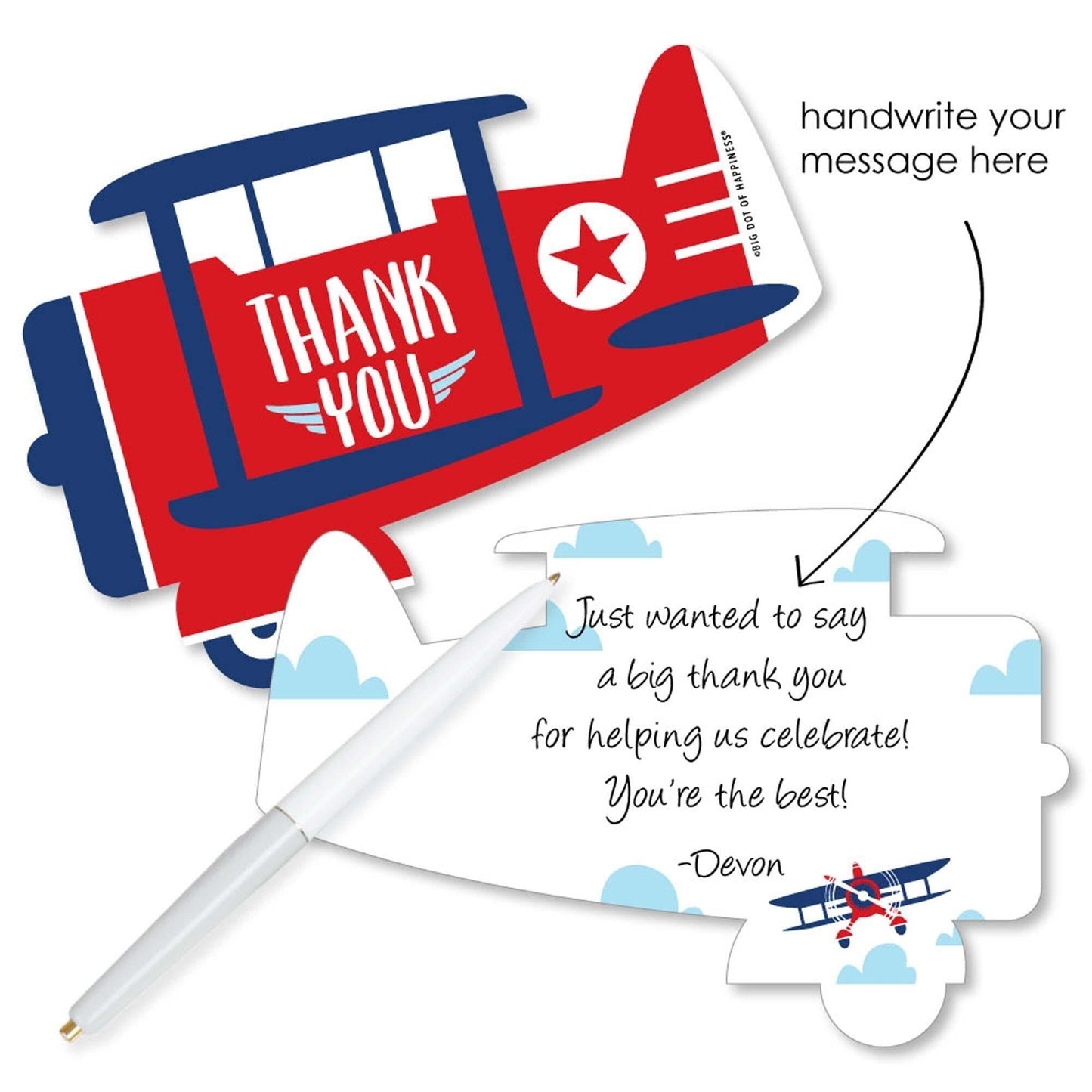 Taking Flight - Airplane - Shaped Thank You Cards - Vintage Plane Baby Shower or Birthday Party Thank You Note Cards with Envelopes - Set of 12