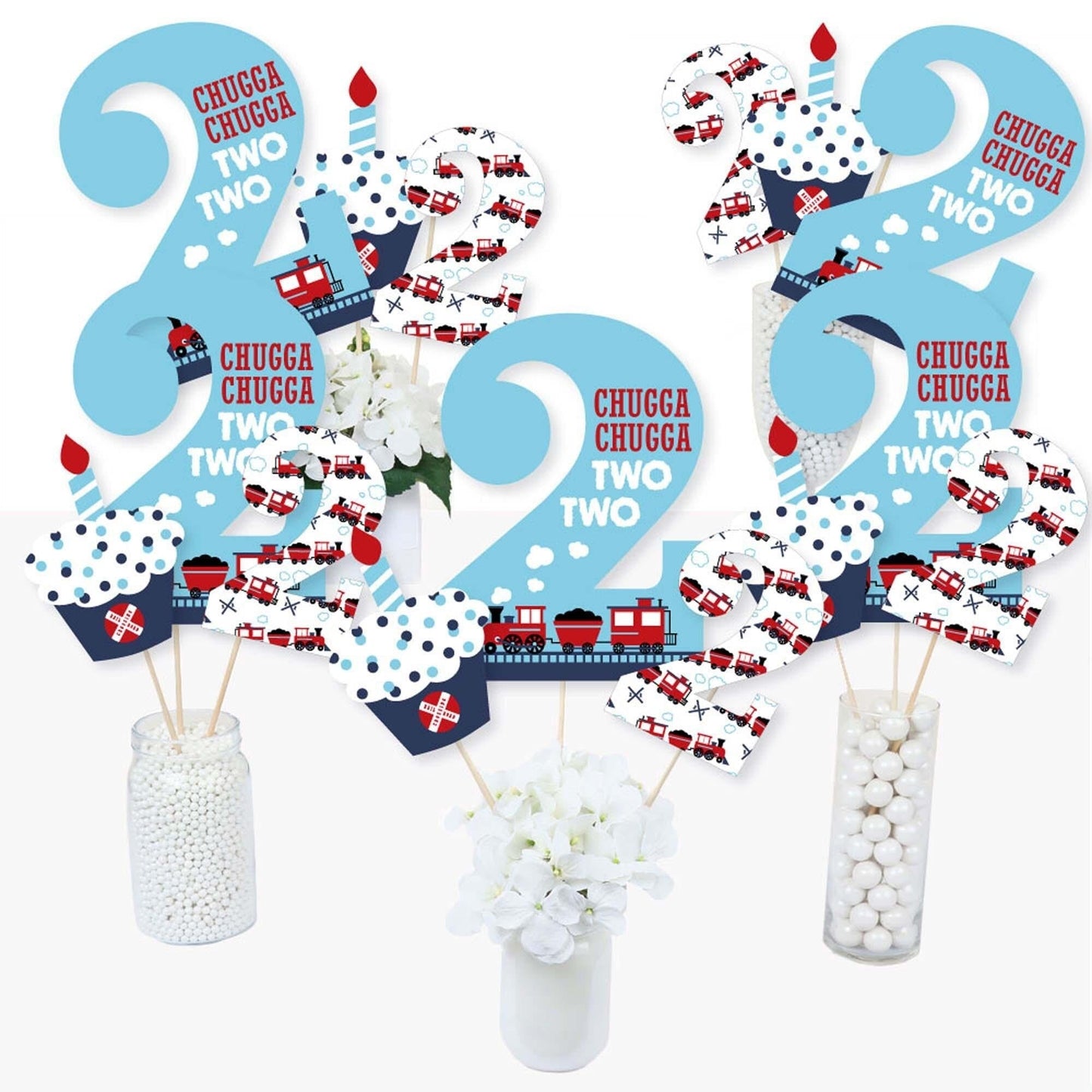 2nd Birthday Railroad Party Crossing - Chugga Chugga Two Two - Steam Train Second Birthday Party Centerpiece Sticks - Table Toppers - Set of 15