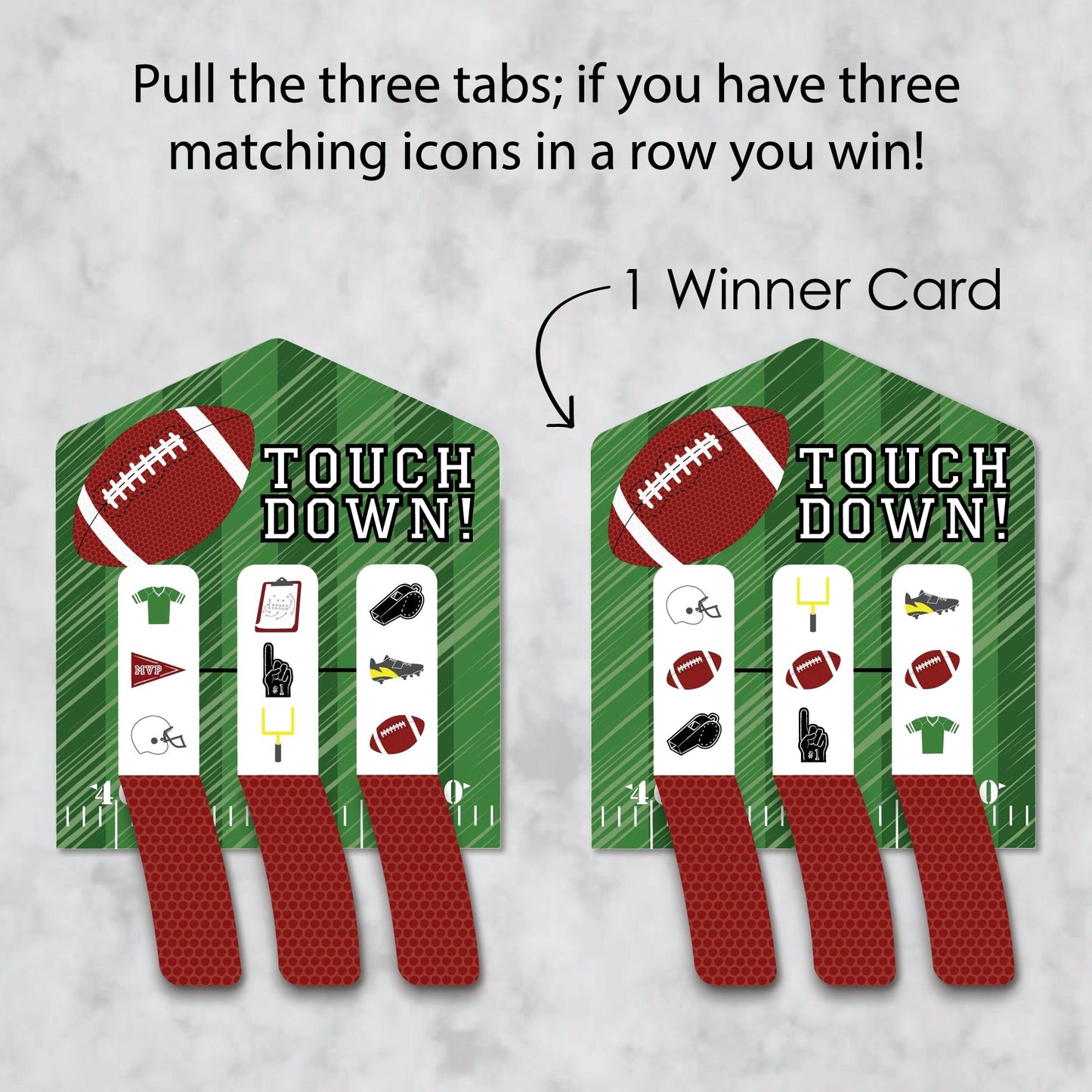 End Zone - Football - Baby Shower or Birthday Party Game Pickle Cards - Pull Tabs 3-in-a-Row - Set of 12