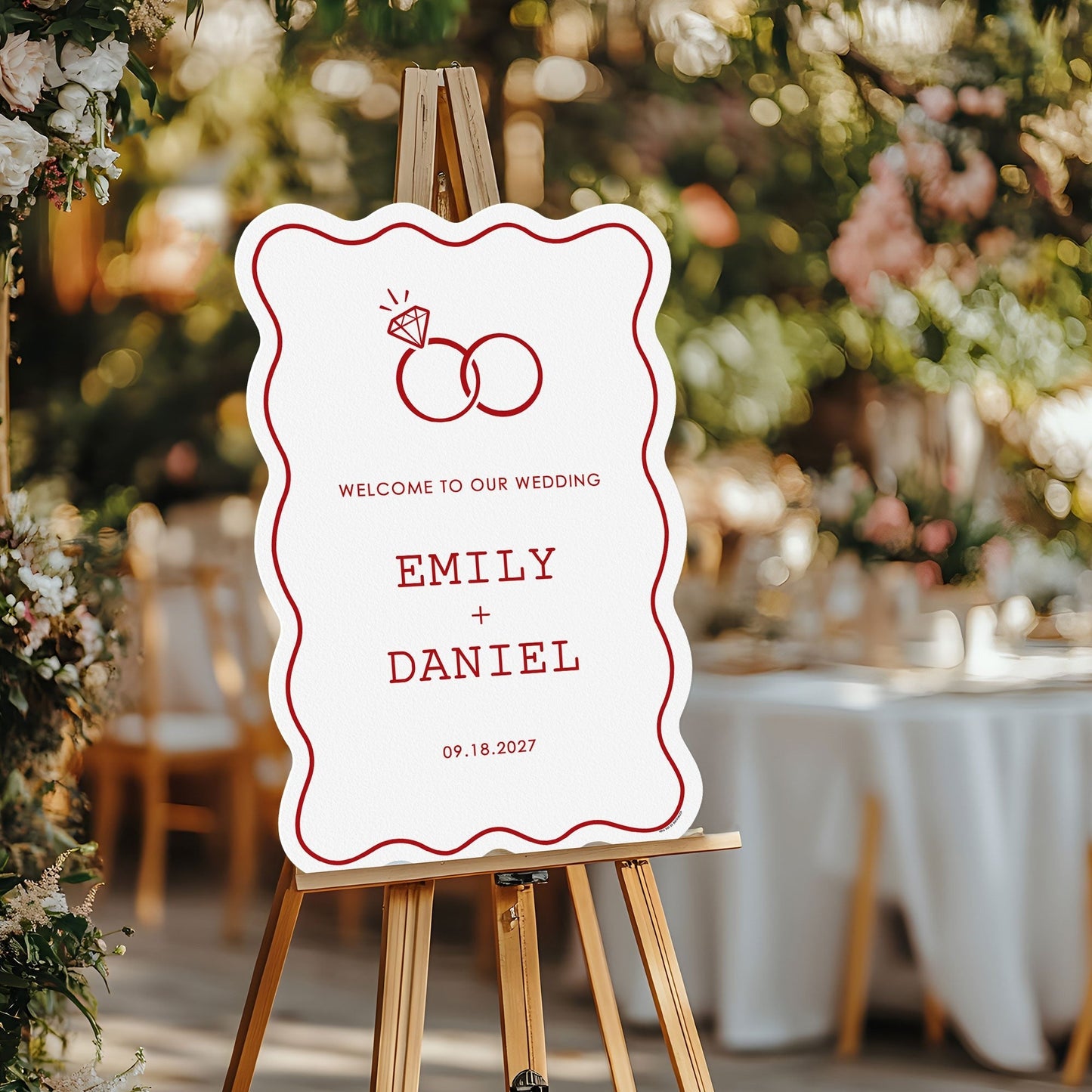 Personalized Text Cherry Red Wedding Rings Welcome Sign (Select Your Size)