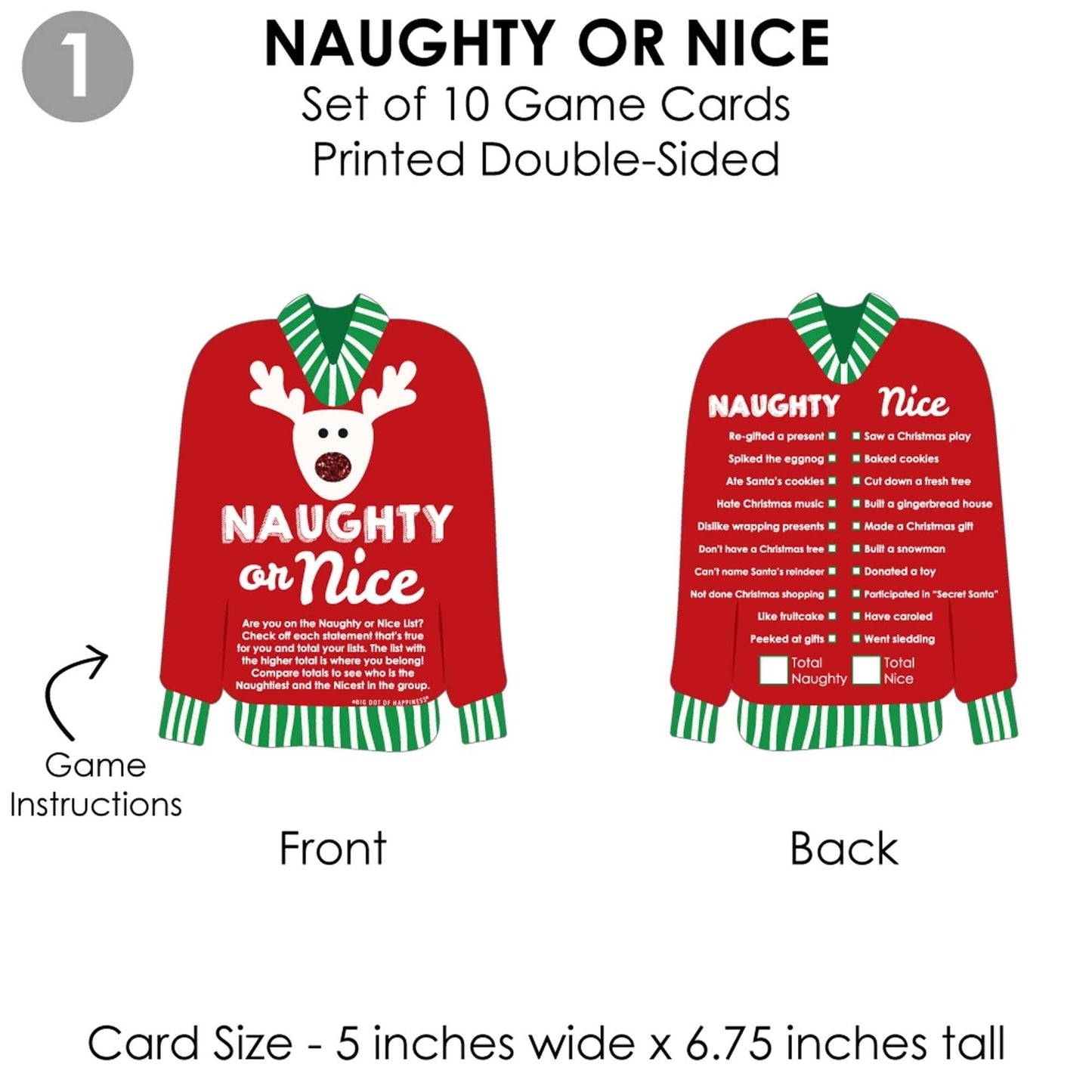 Ugly Sweater - 4 Holiday and Christmas Party Games - 10 Cards Each - Naughty or Nice, Drink If, Mingle All the Way, What's Your Elf Name - Gamerific Bundle
