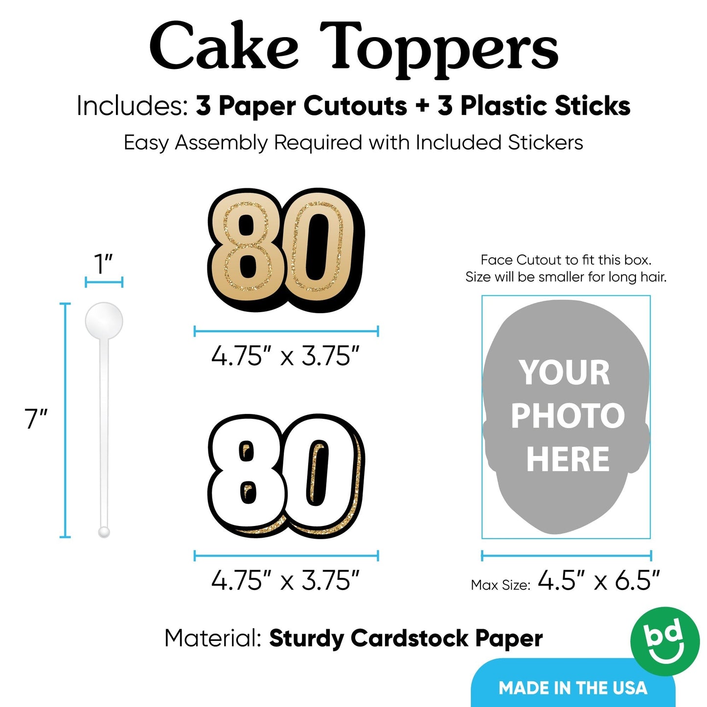 Custom Photo 80th Birthday Cake Topper - 3 Pc