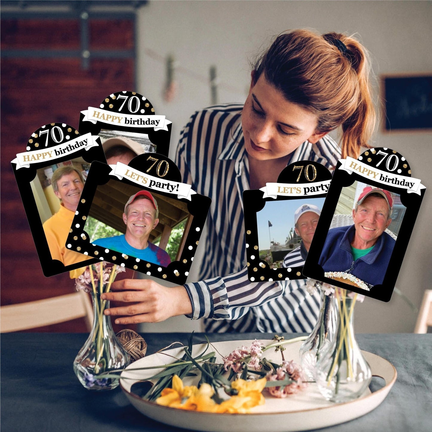 Adult 70th Birthday - Gold - Birthday Party Picture Centerpiece Sticks - Photo Table Toppers - 15 Pieces