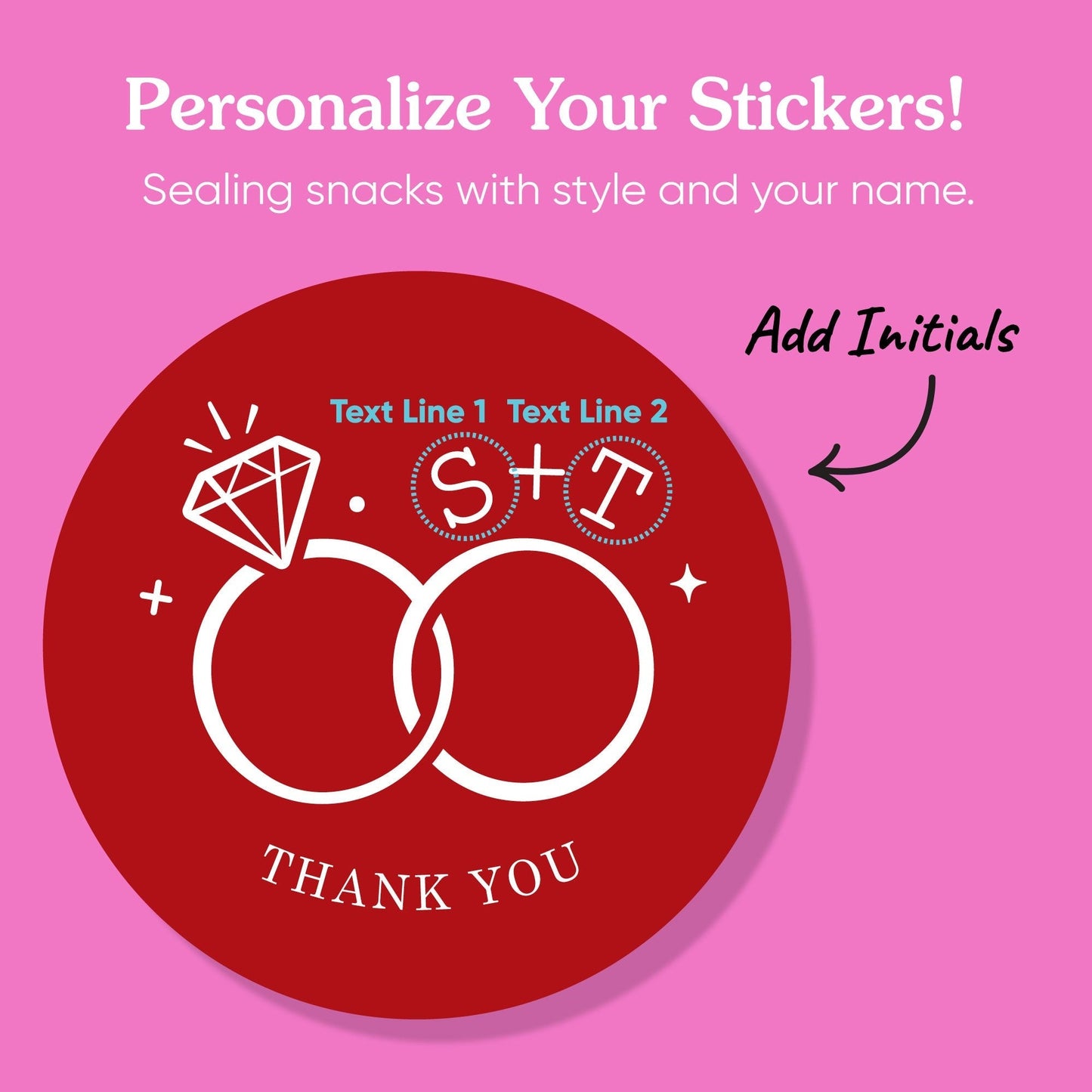 Custom Text Stickers & Clear Cookie Bags - Cherry Red Wedding Rings